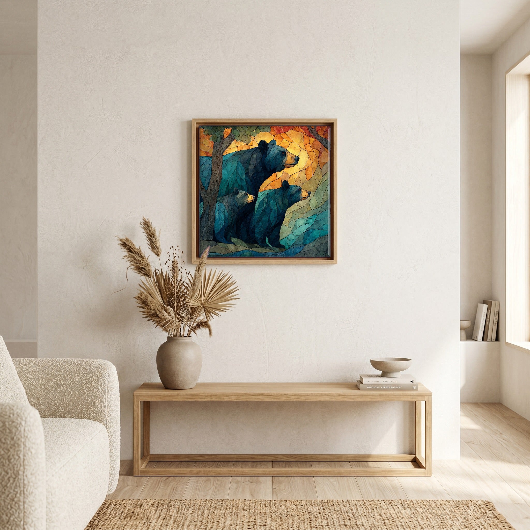 In the living room, above the sofa.