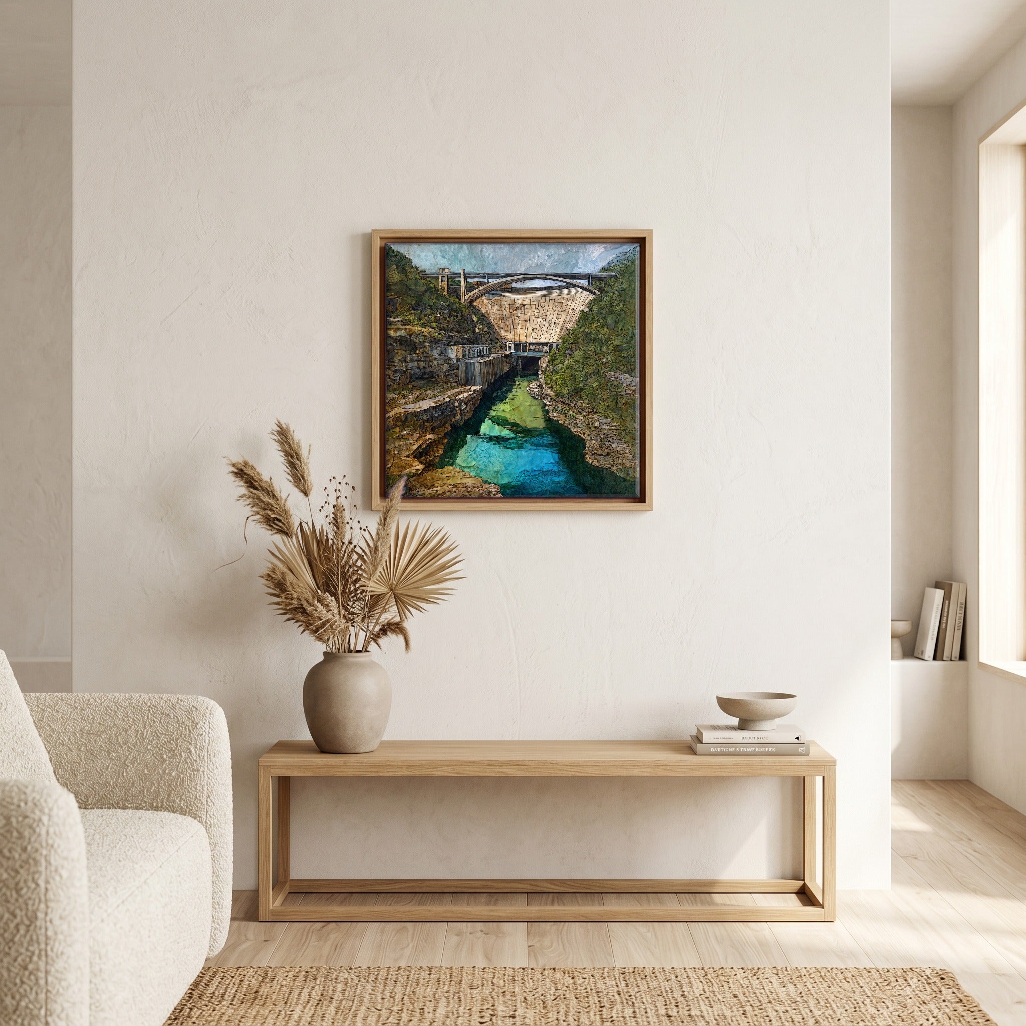 In the living room, above the sofa.