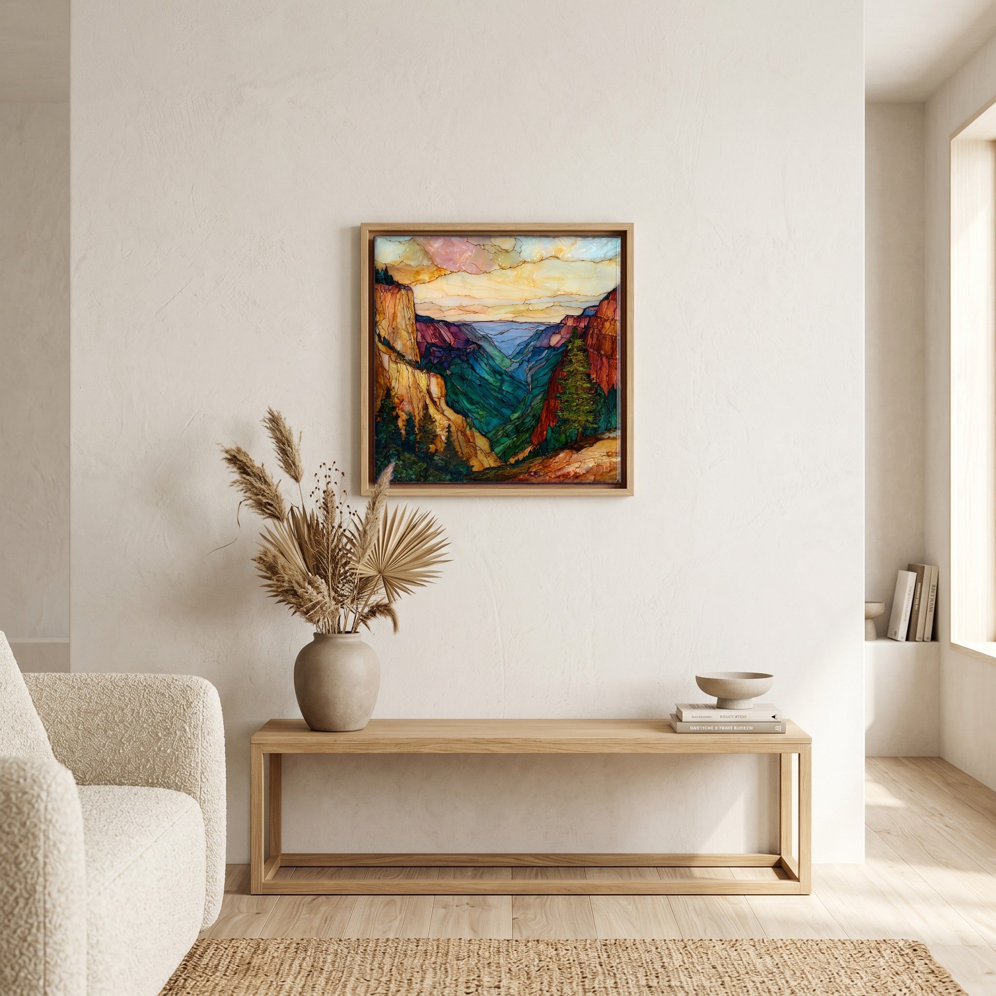 In the living room, above the sofa.