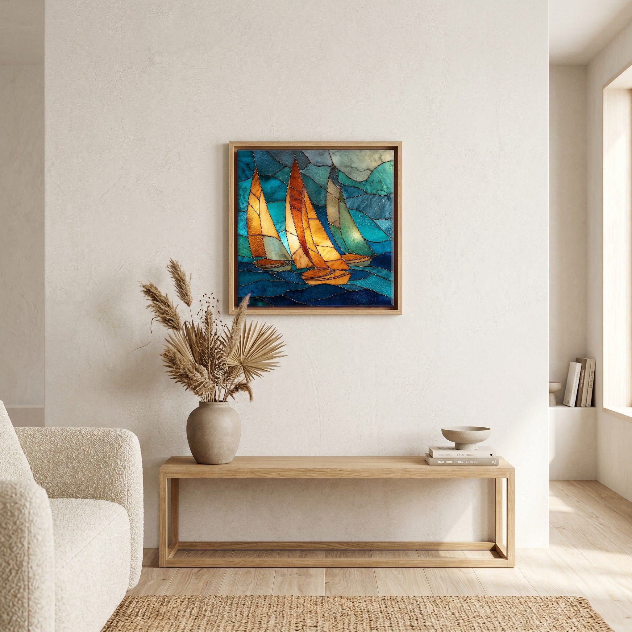 In the living room, above the sofa.
