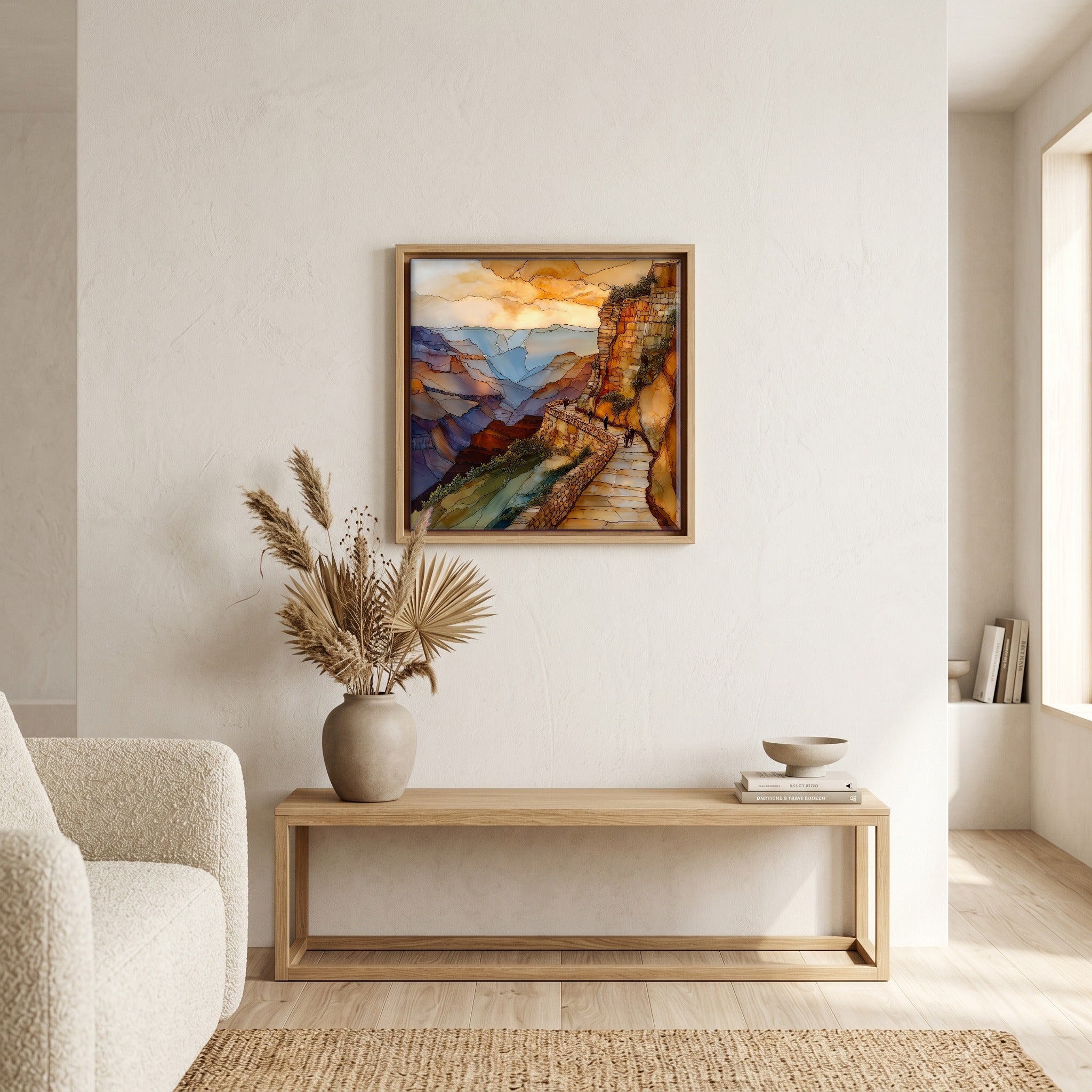 In the living room, above the sofa.