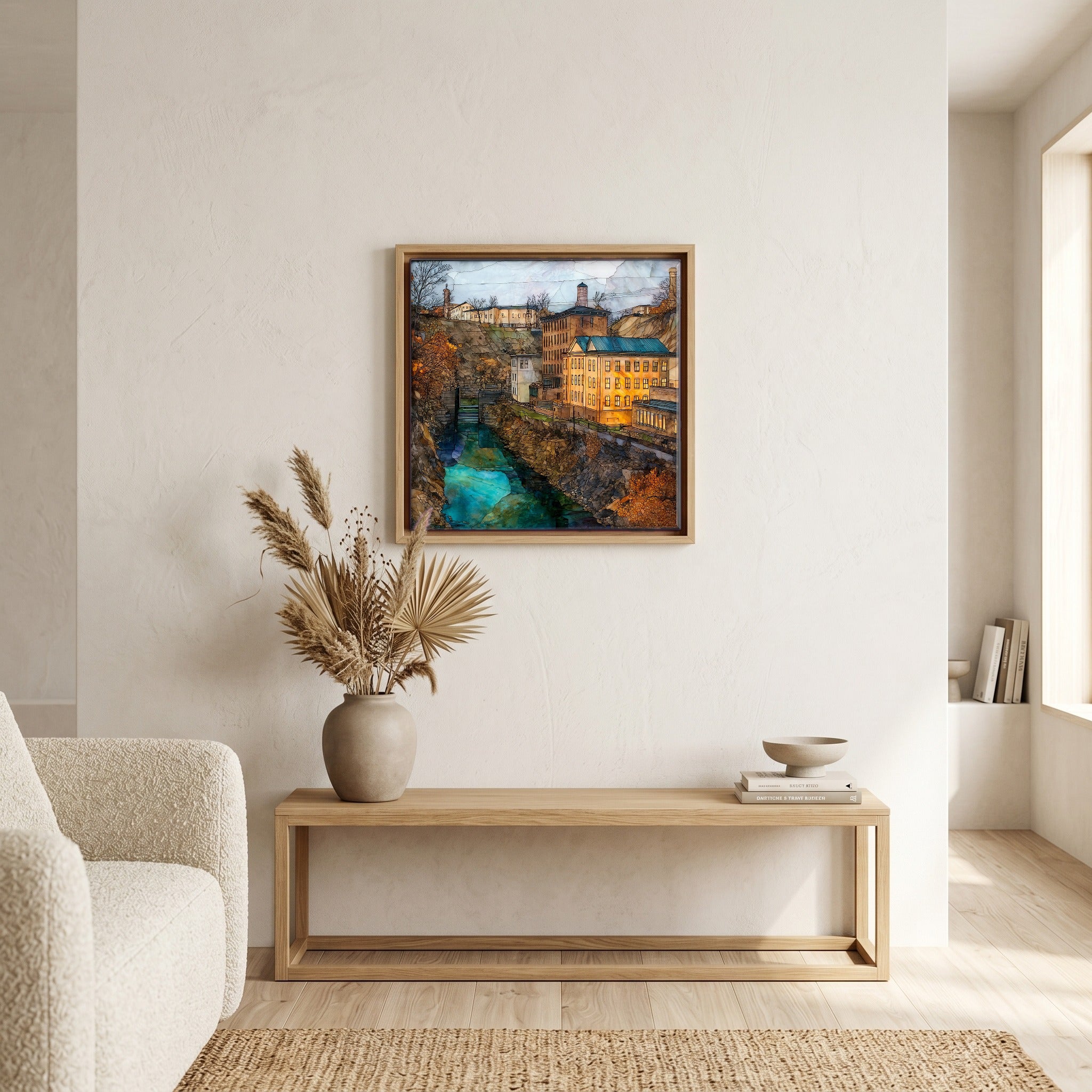 In the living room, above the sofa.