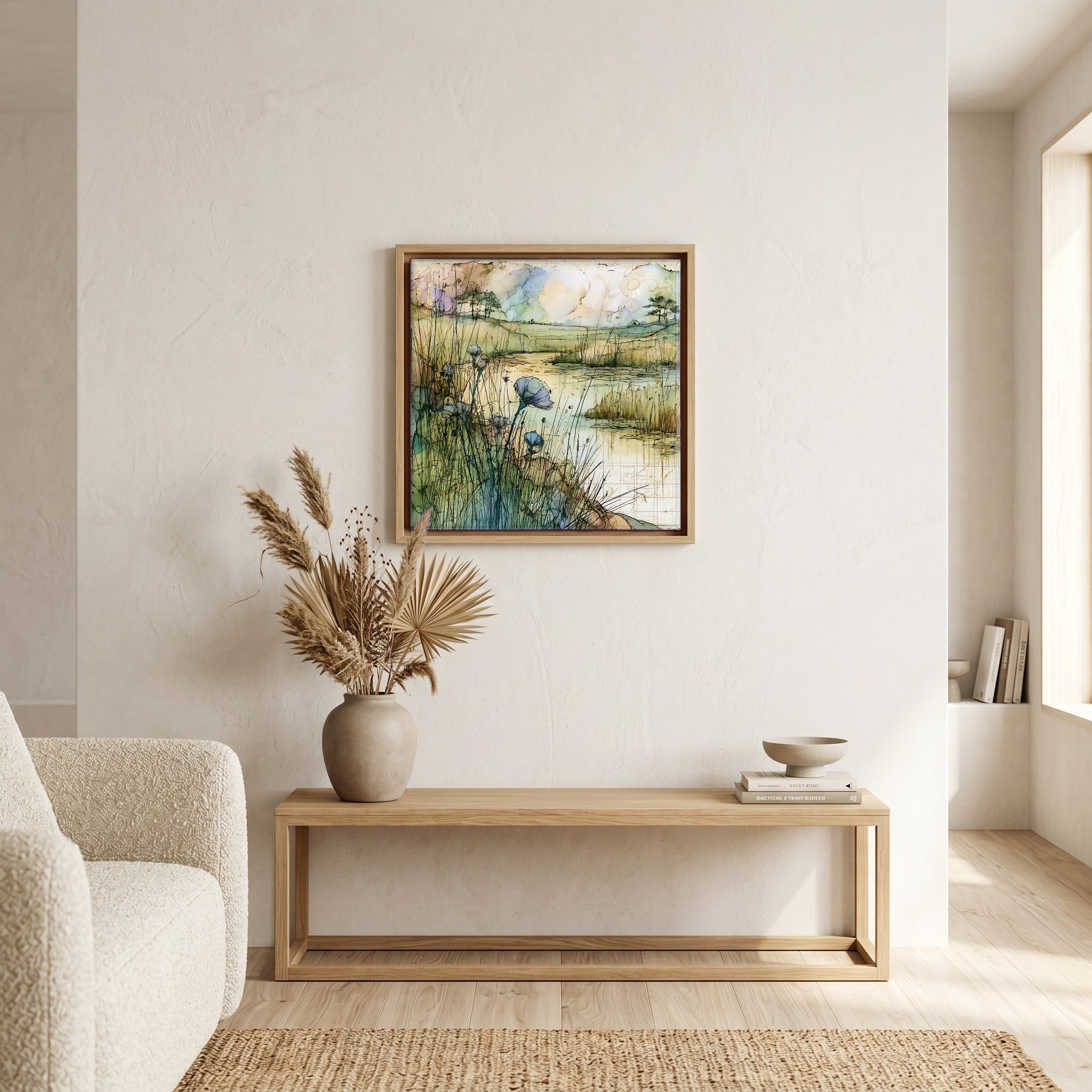 In the living room, above the sofa.