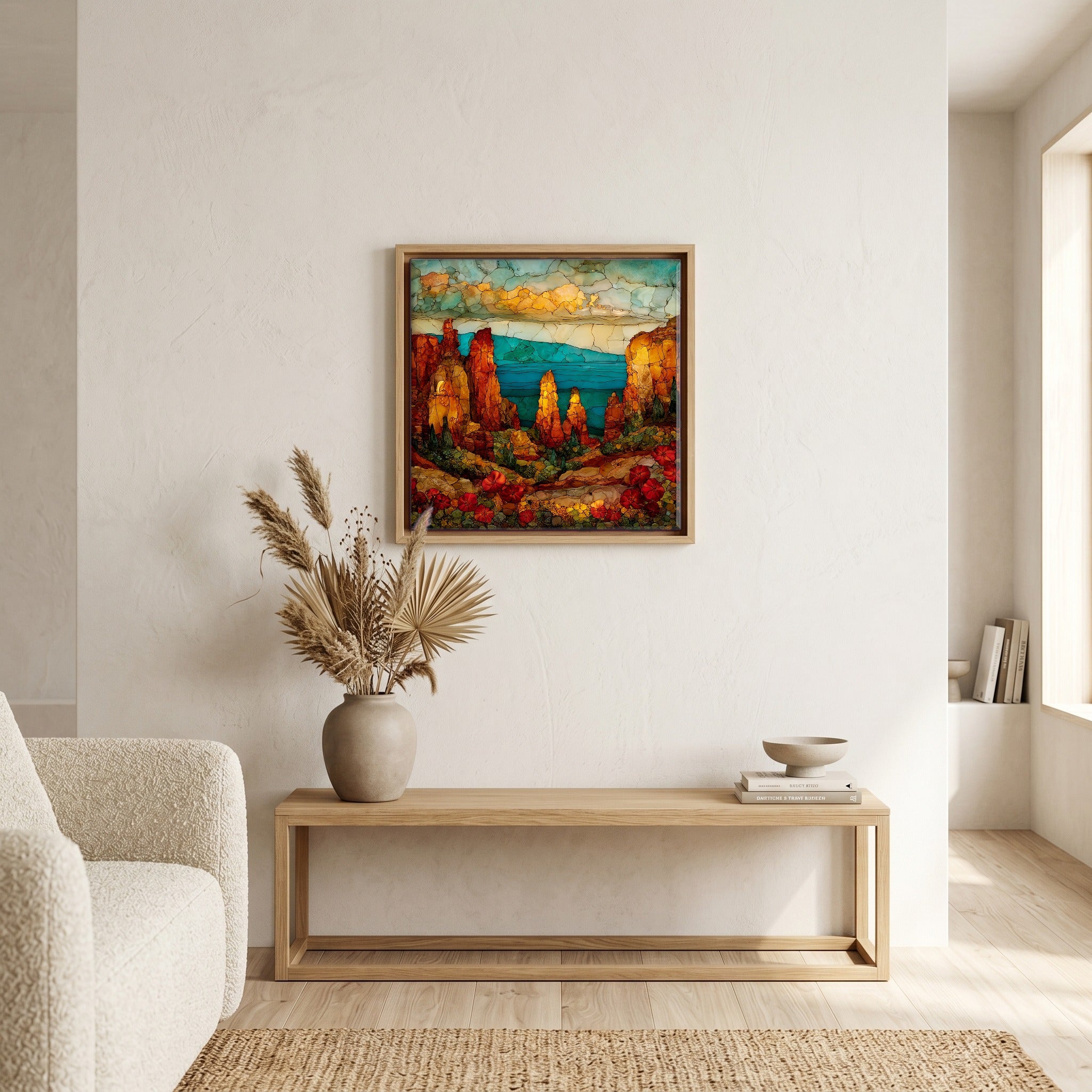 Above the bench, in a warm oak surround.