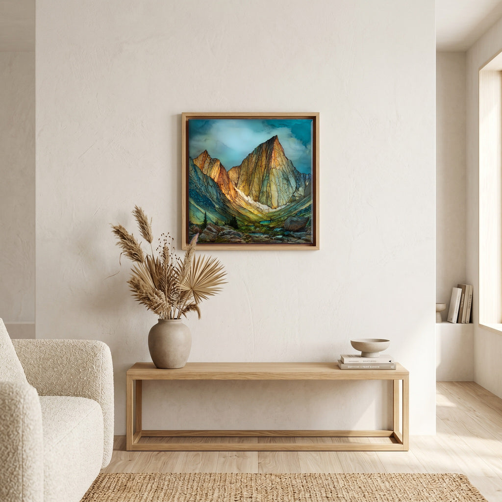In the living room, above the sofa.