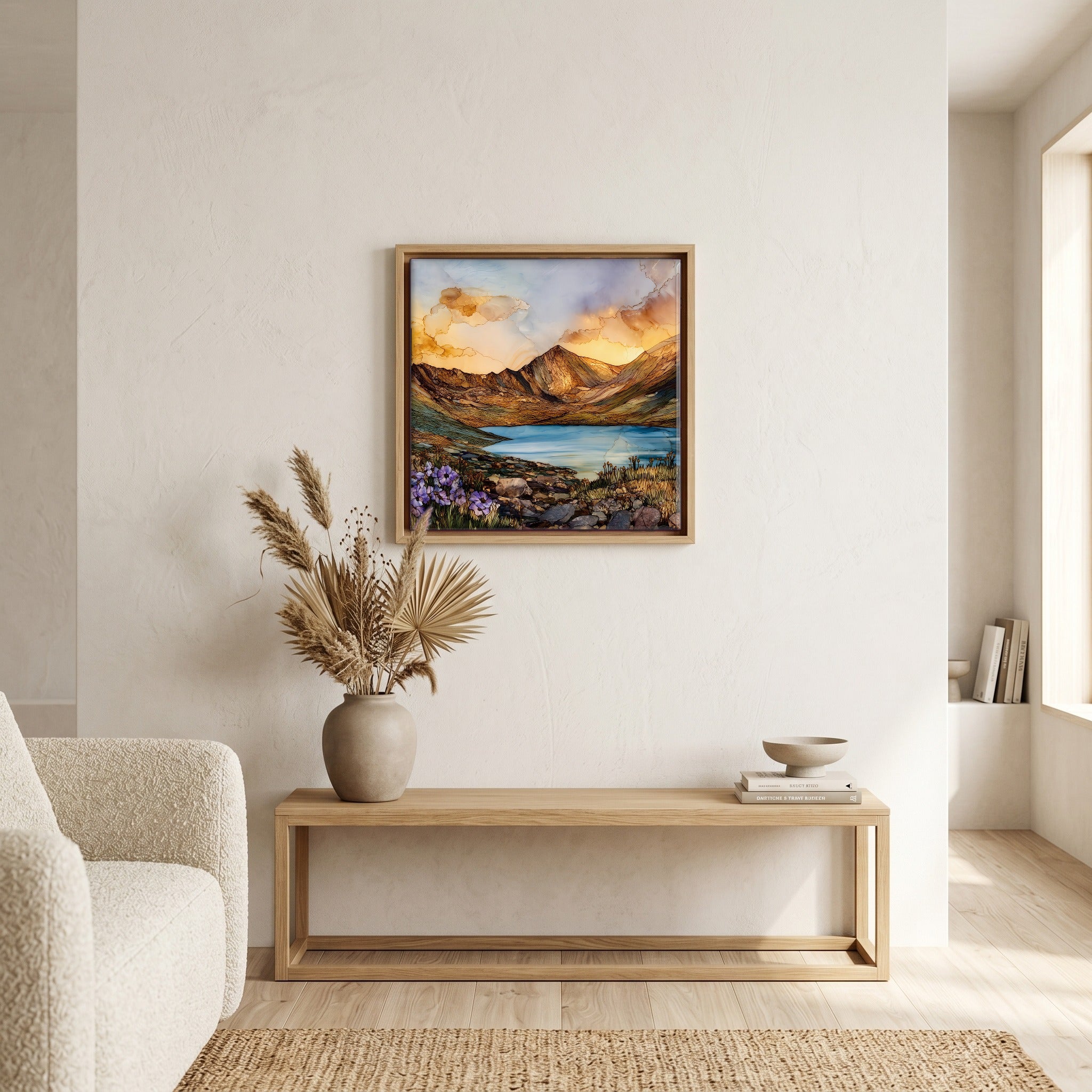Above the bench, in a warm oak surround.