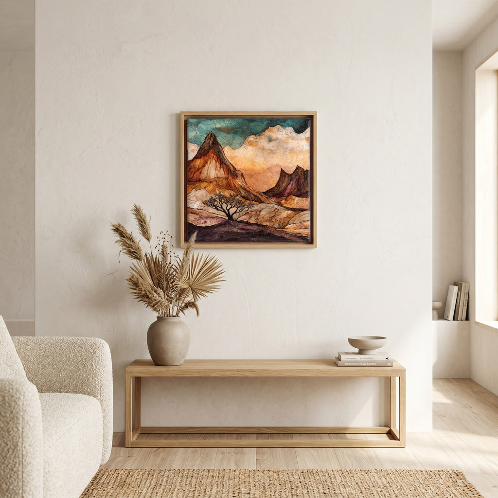 In the living room, above the sofa.