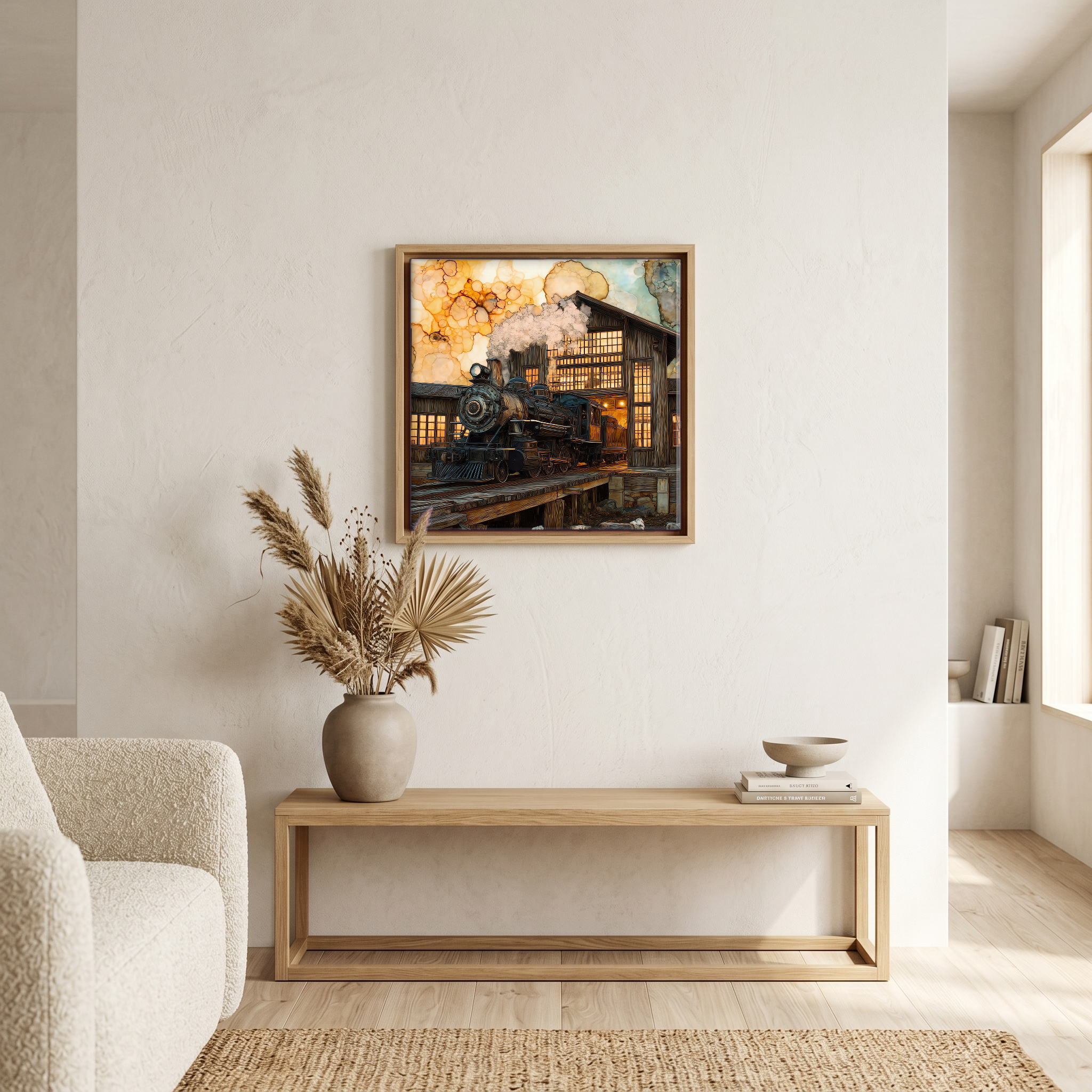 In the living room, above the sofa.