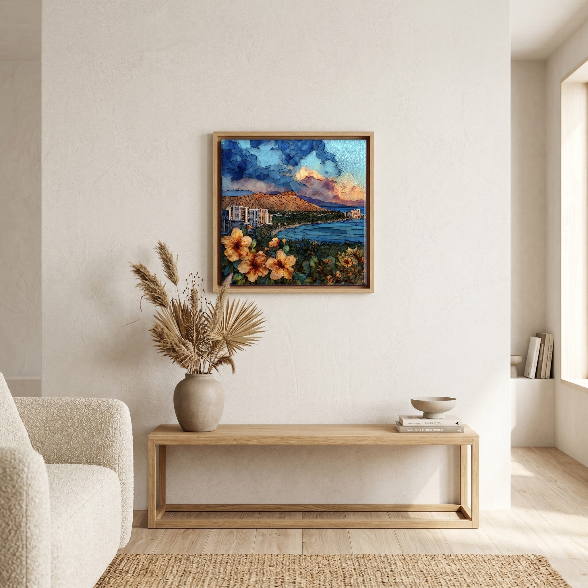 Above the bench, in a warm oak surround.