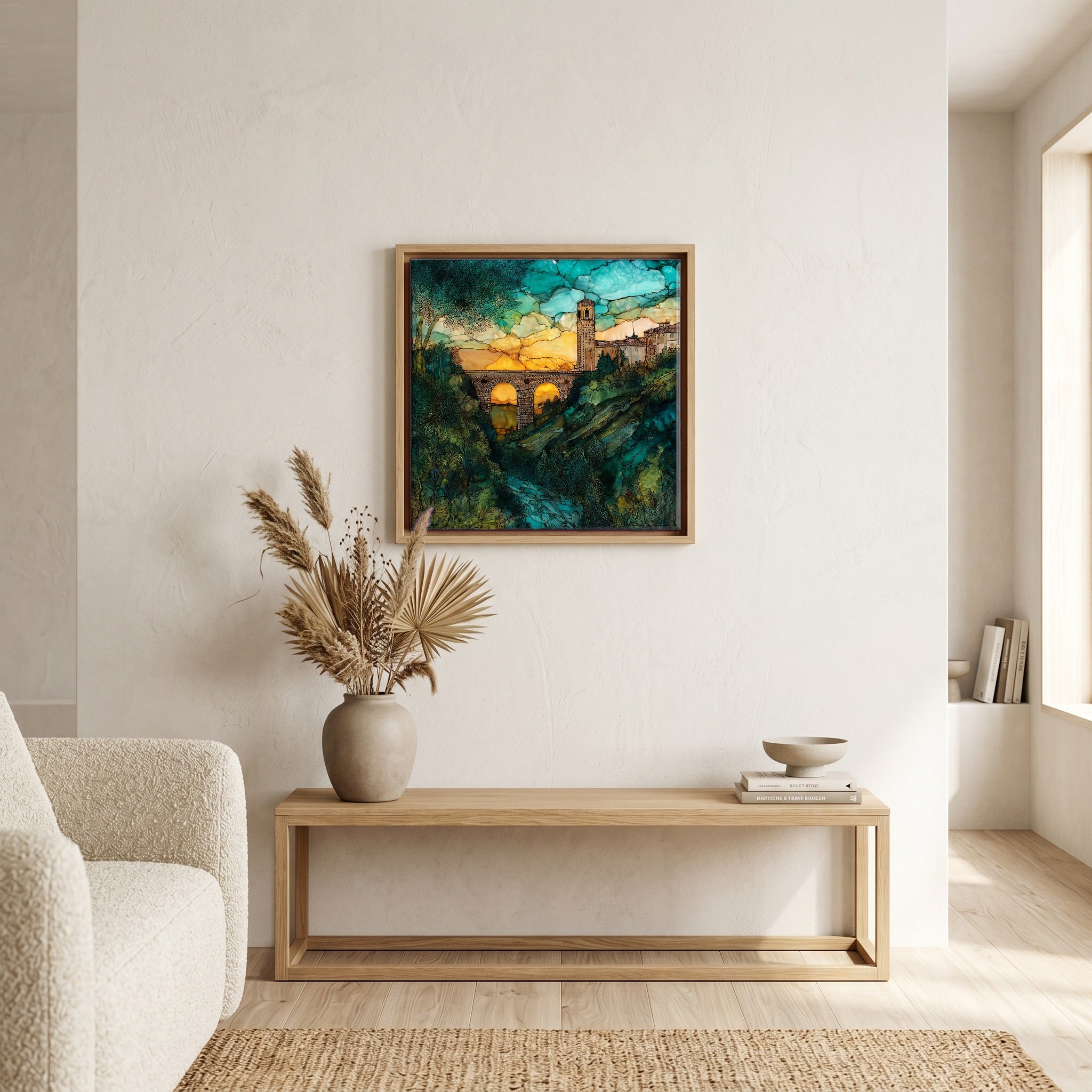 Above the bench, in a warm oak surround.