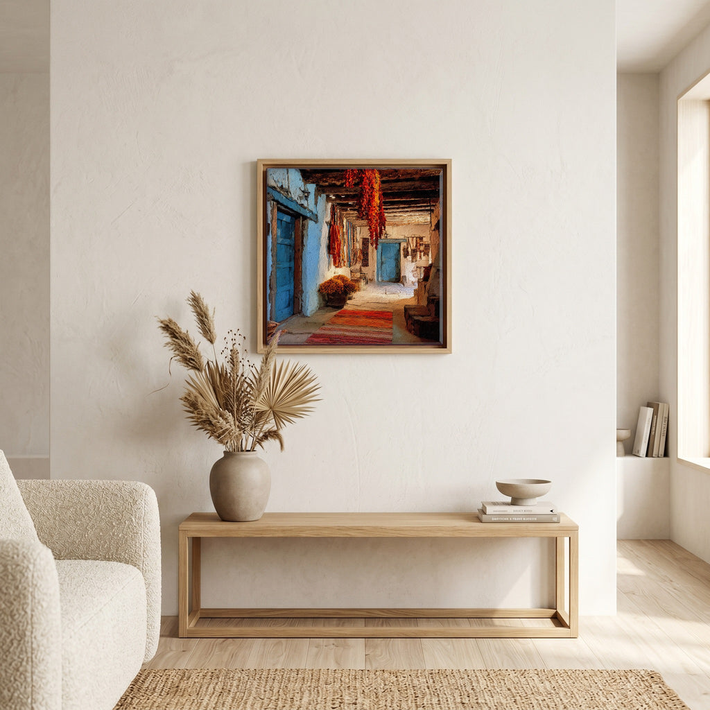 In the living room, above the sofa.