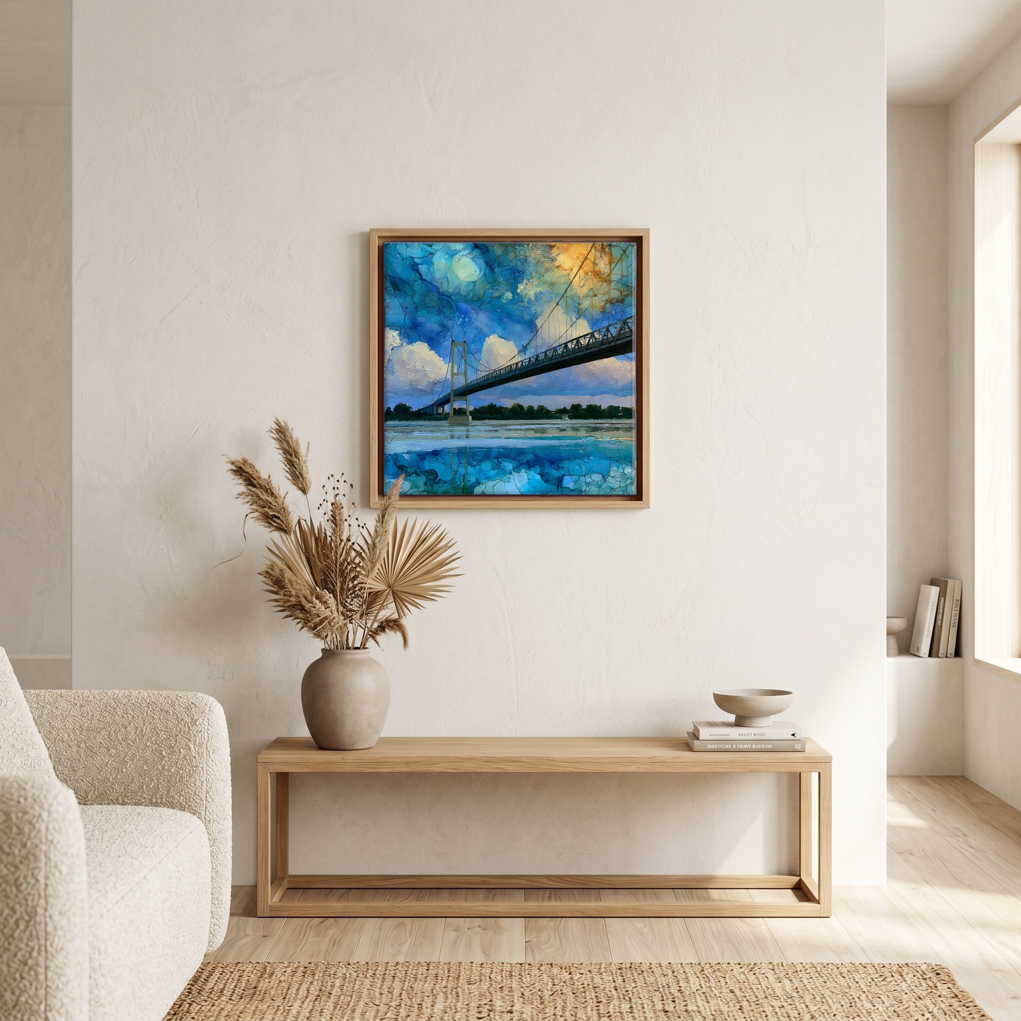 In the living room, above the sofa.
