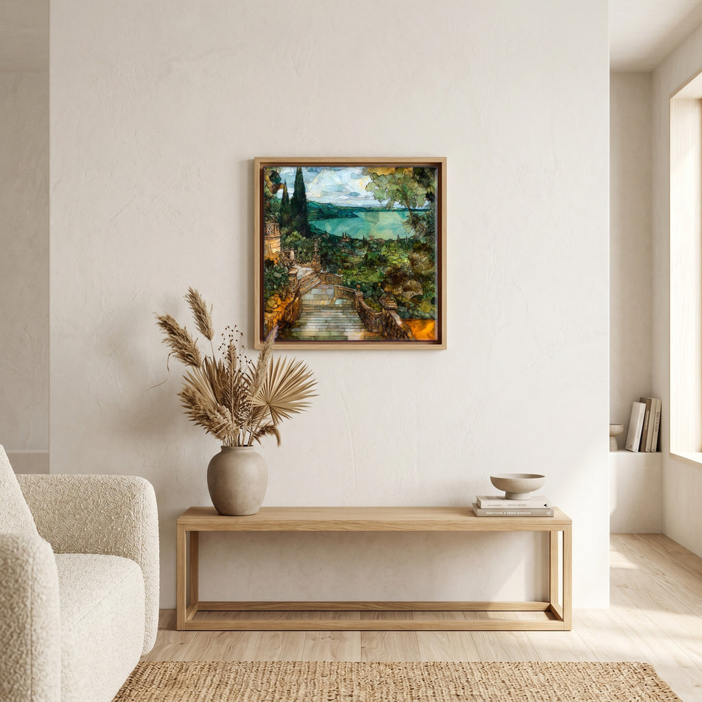 In the living room, above the sofa.