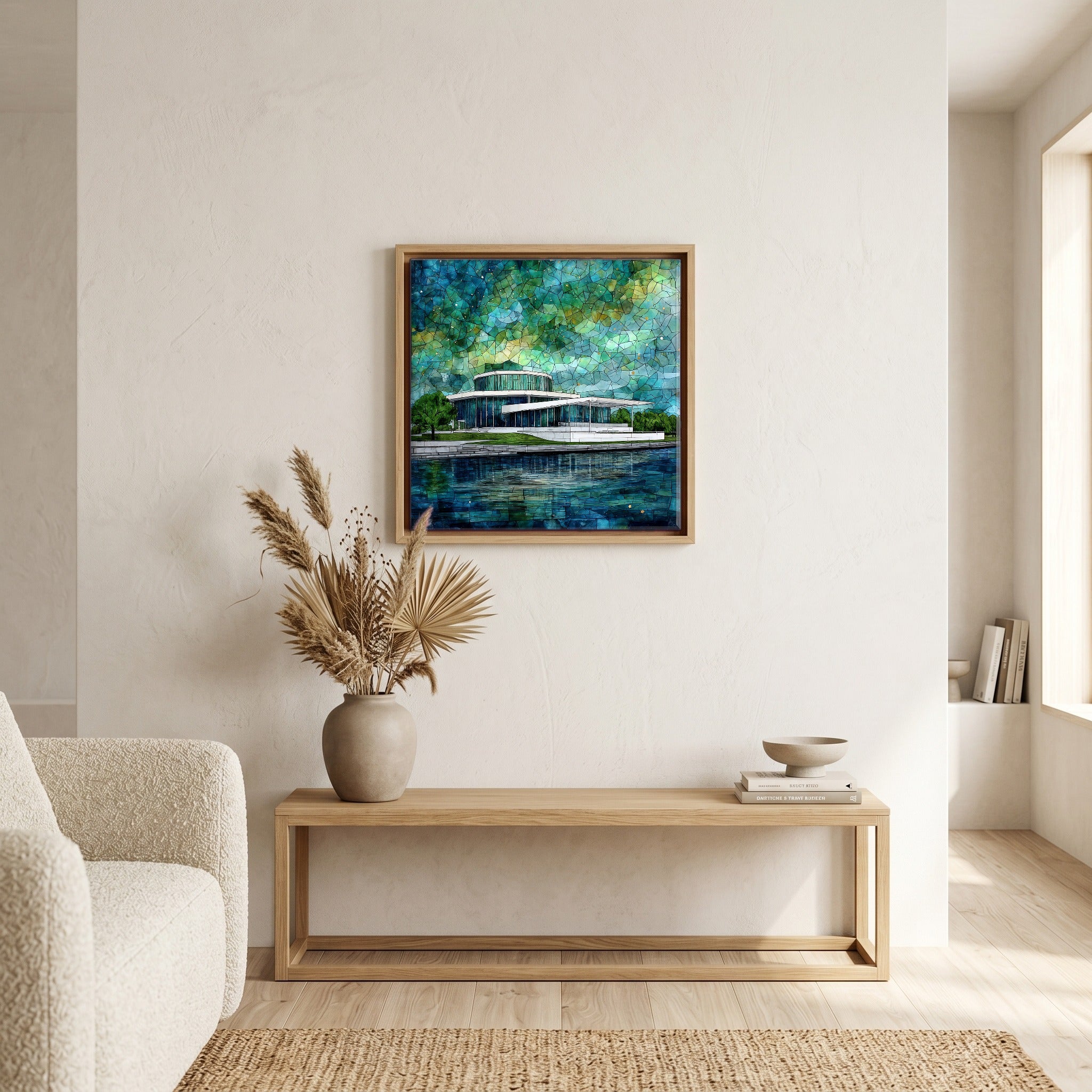 In the living room, above the sofa.