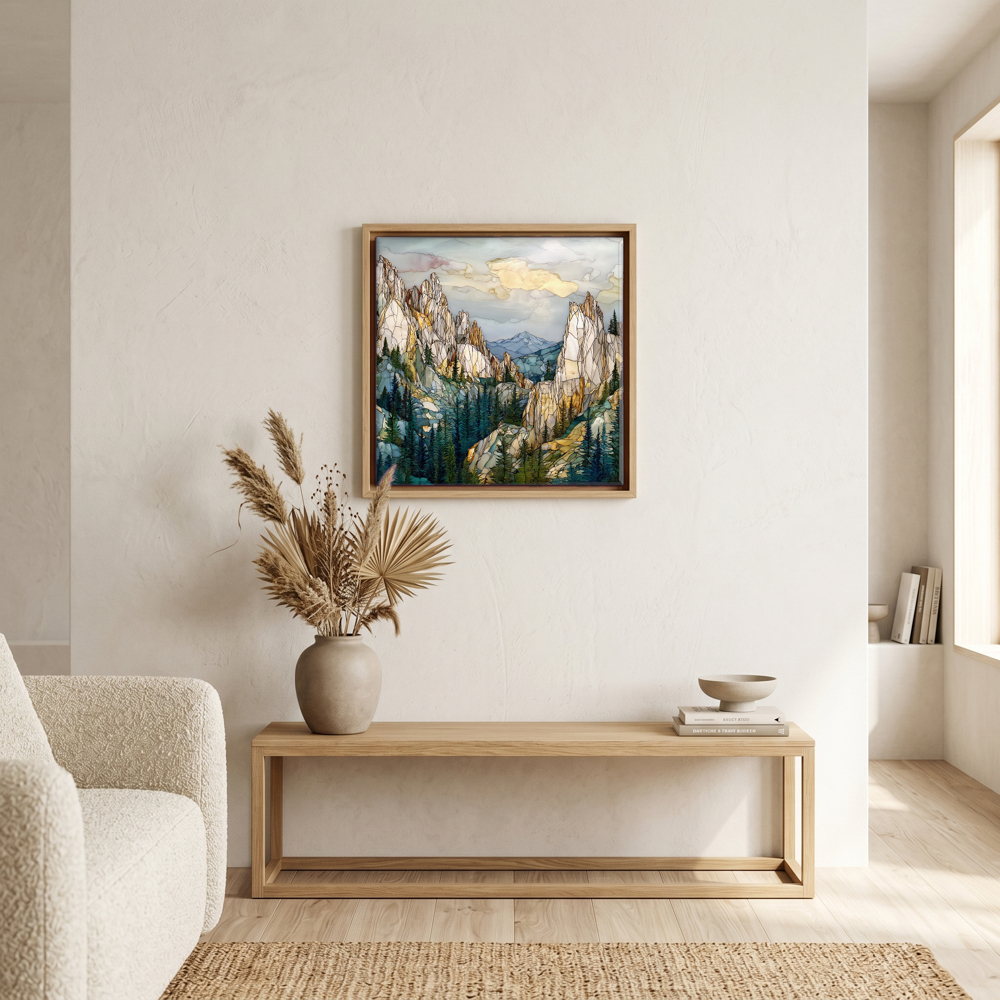 Above the bench, in a warm oak surround.