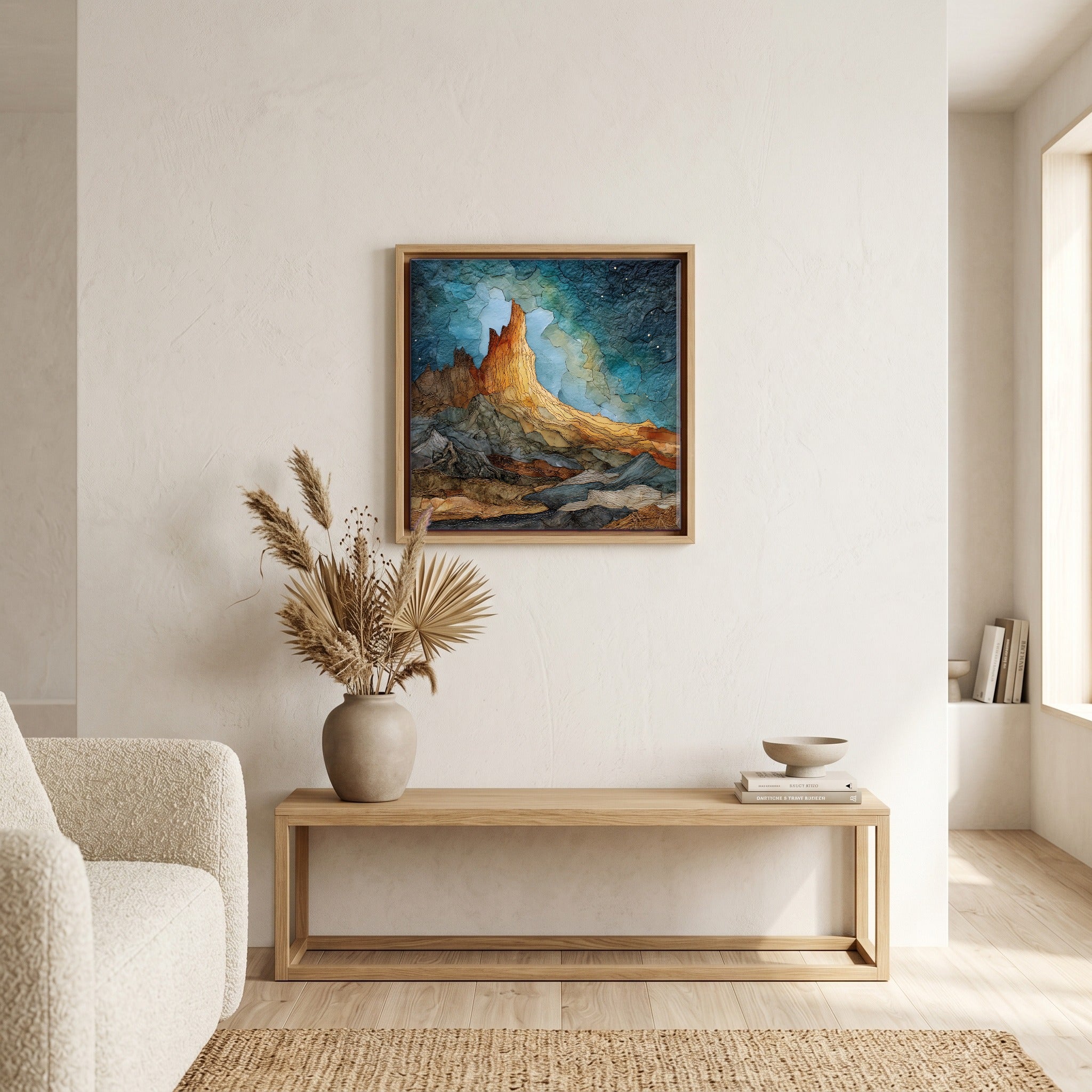 In the living room, above the sofa.