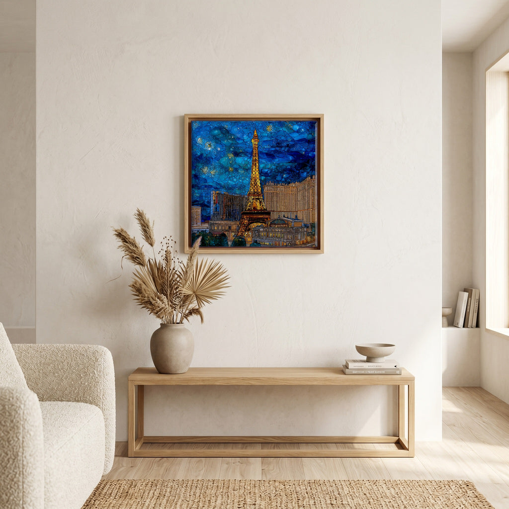 In the living room, above the sofa.