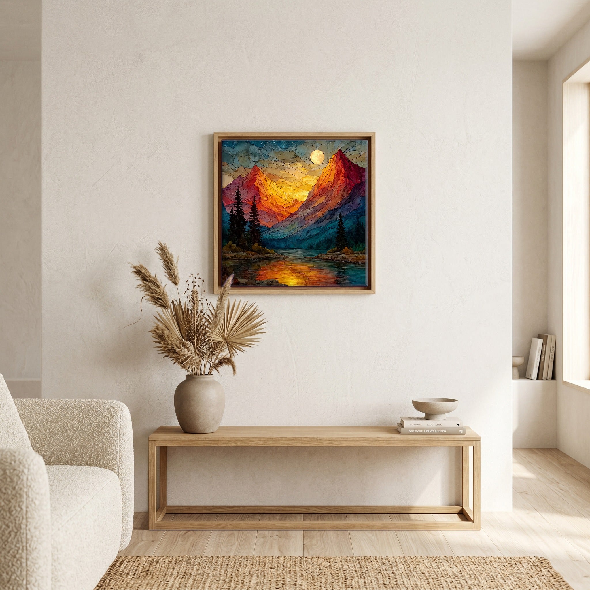 In the living room, above the sofa.