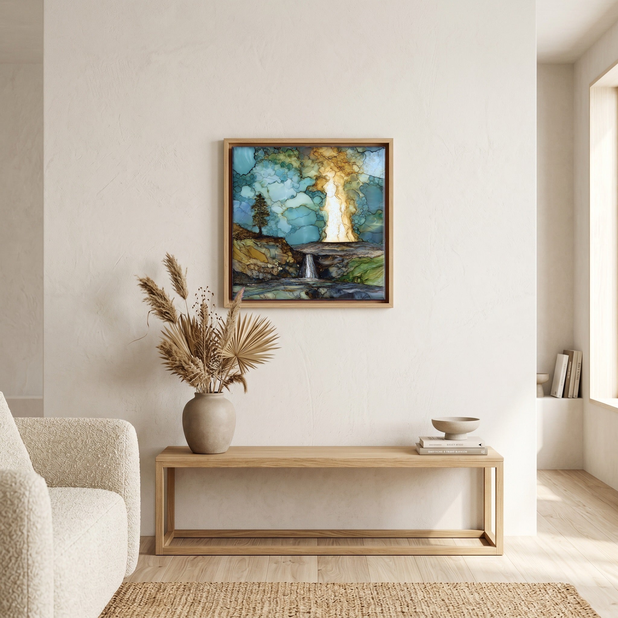 In the living room, above the sofa.