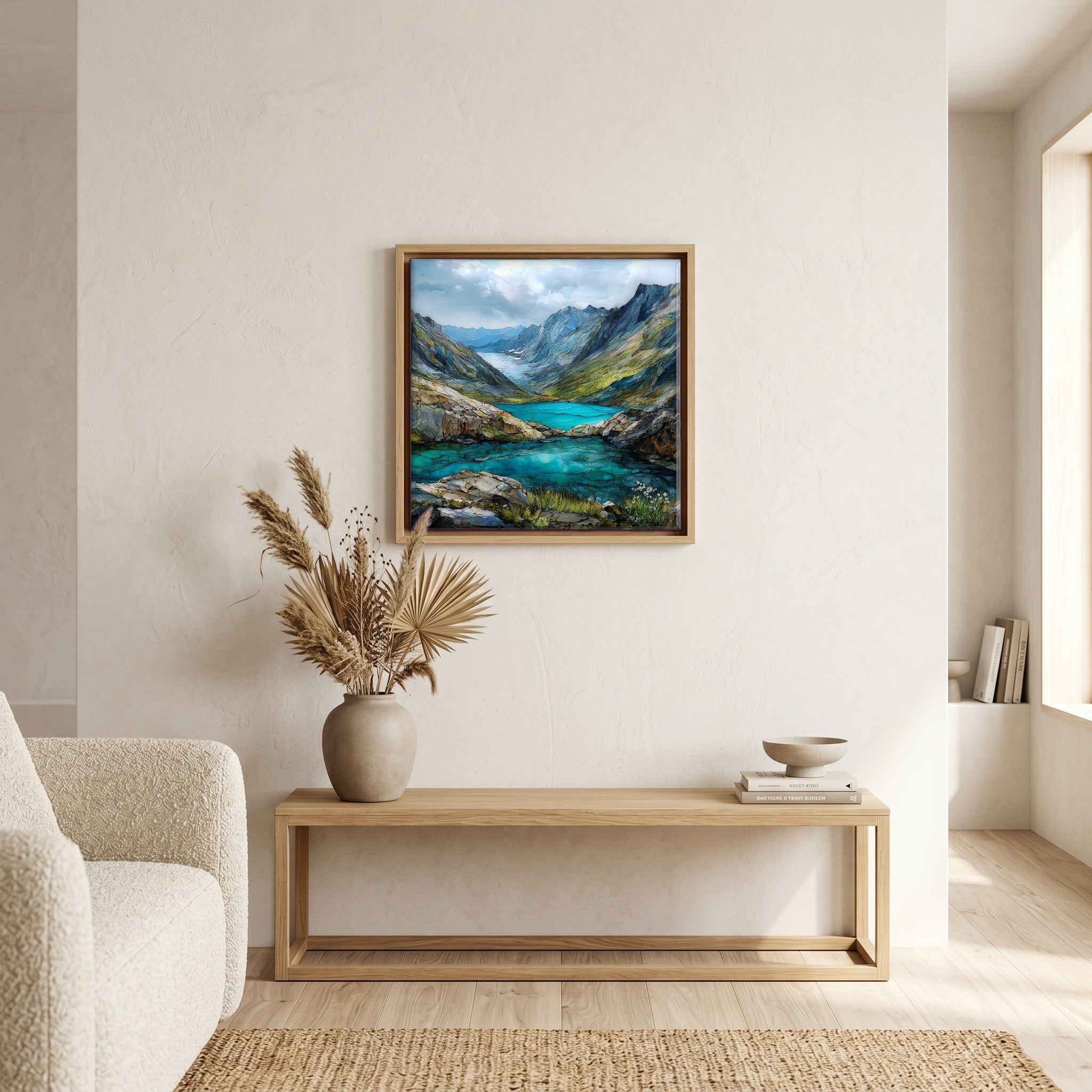 In the living room, above the sofa.
