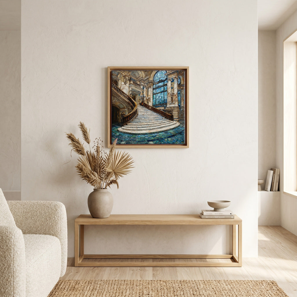 Above the bench, in a warm oak surround.