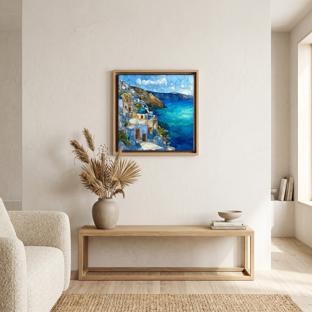 In the living room, above the sofa.