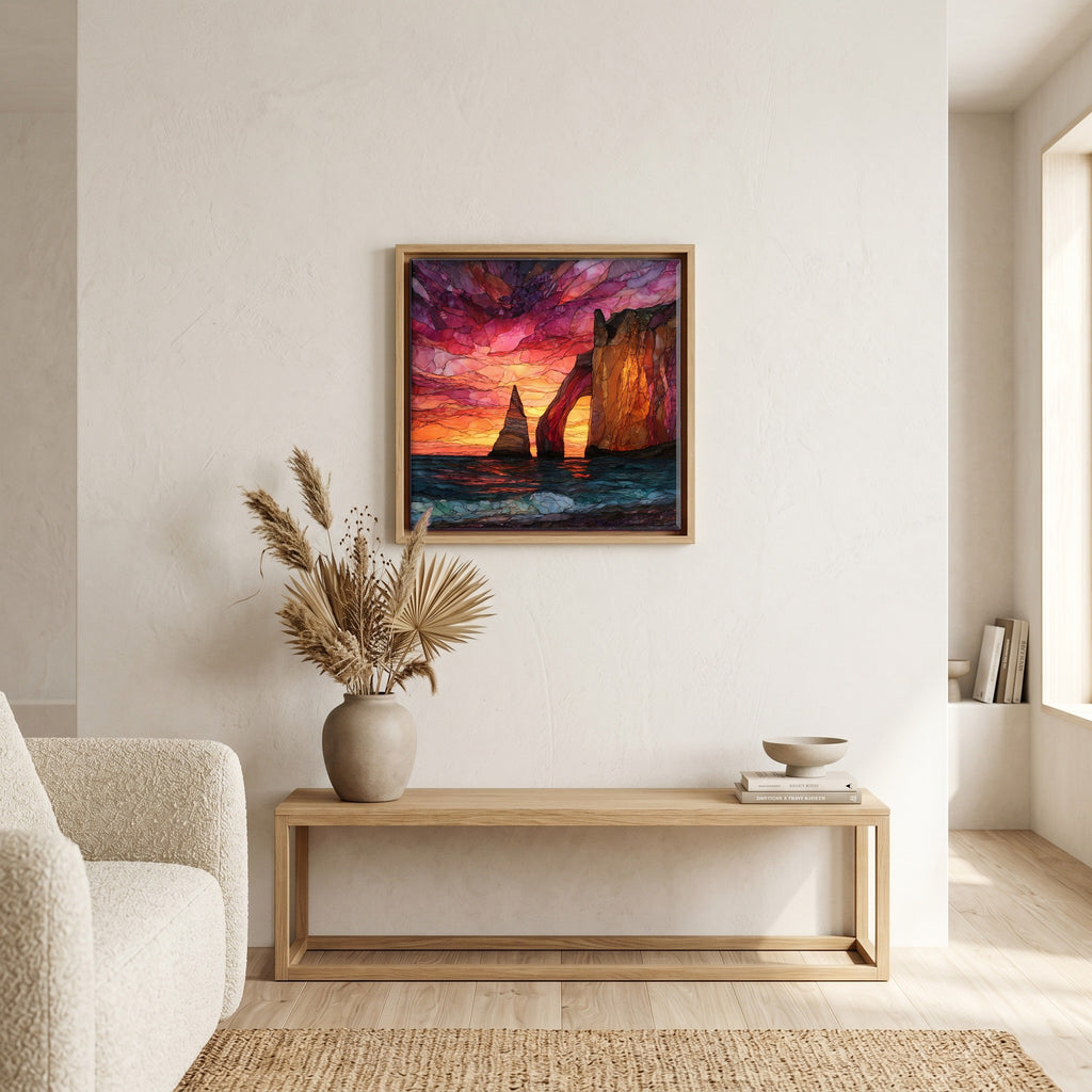 Above the bench, in a warm oak surround.