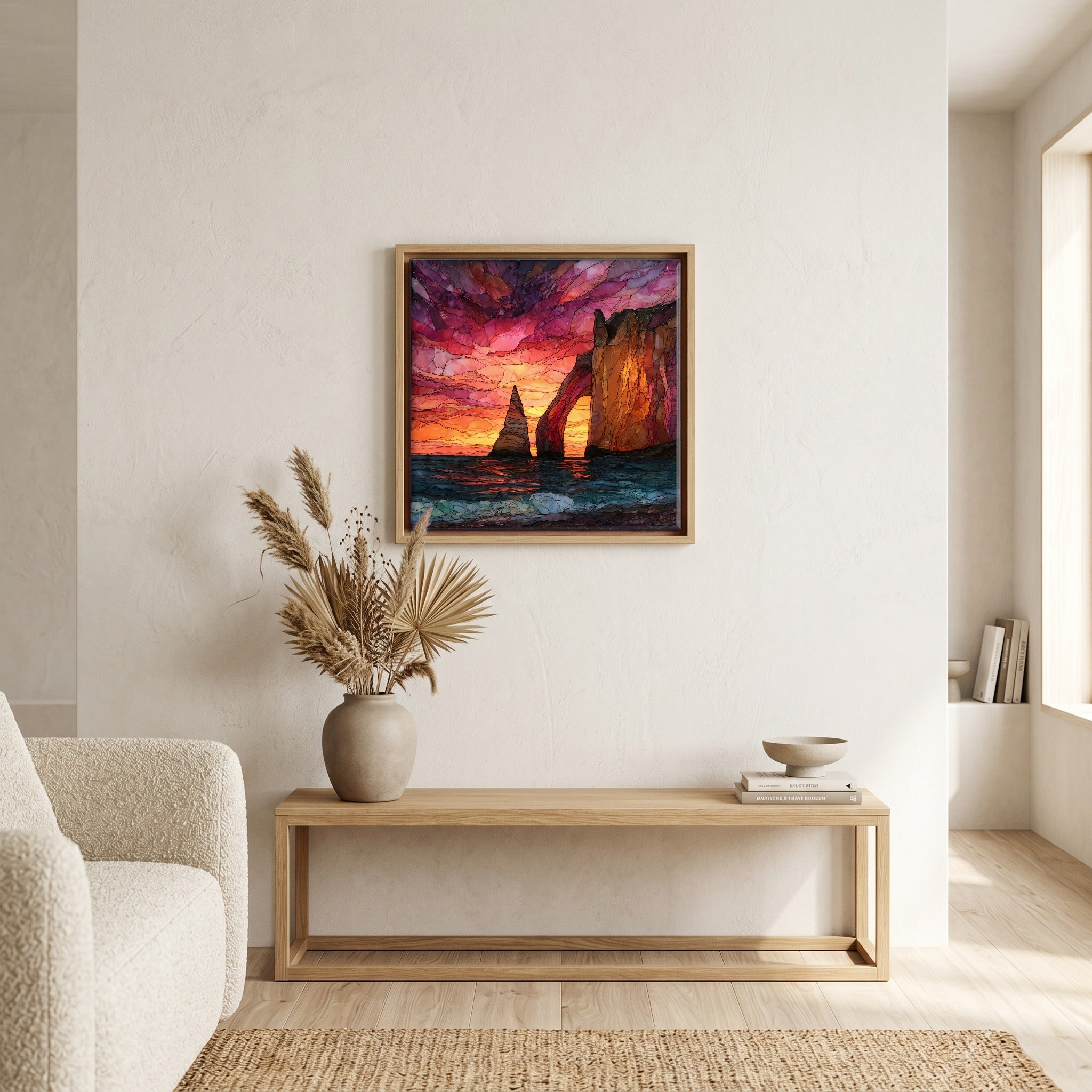 Above the bench, in a warm oak surround.