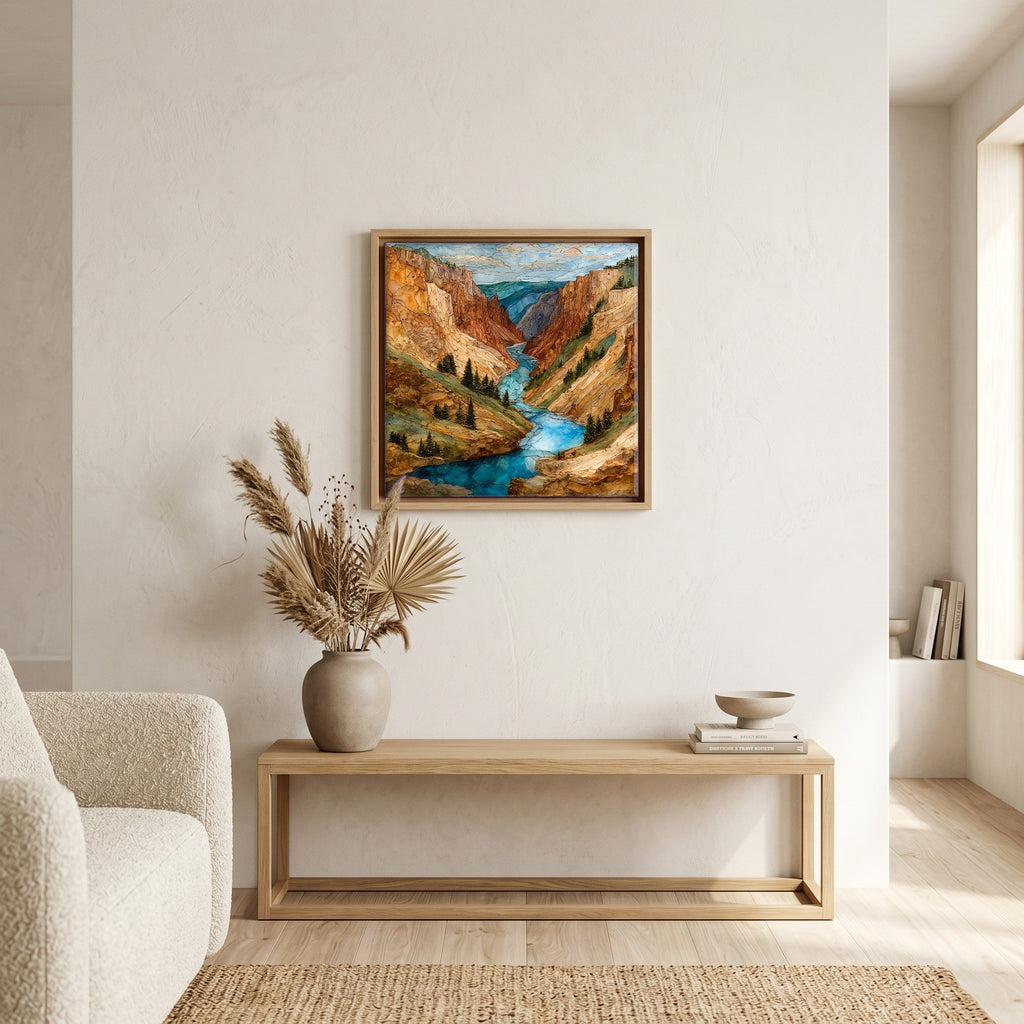 In the living room, above the sofa.