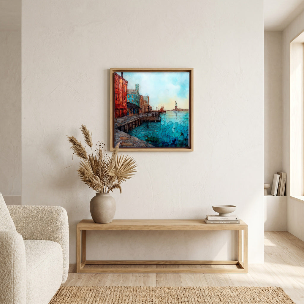 In the living room, above the sofa.