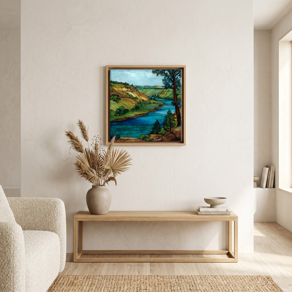 In the living room, above the sofa.