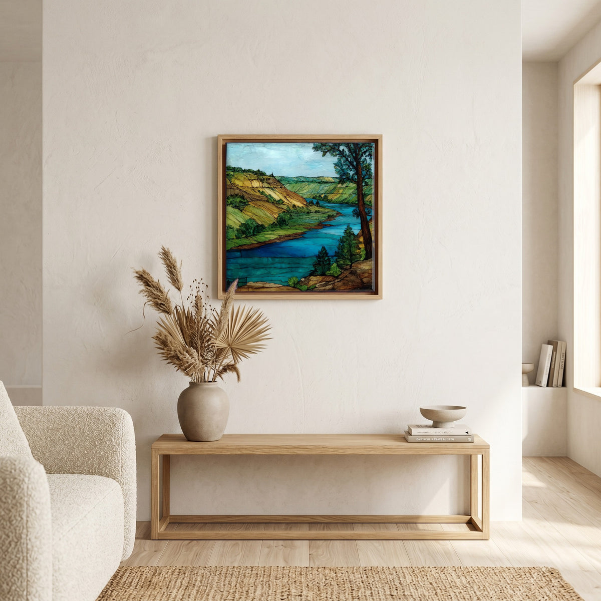 In the living room, above the sofa.