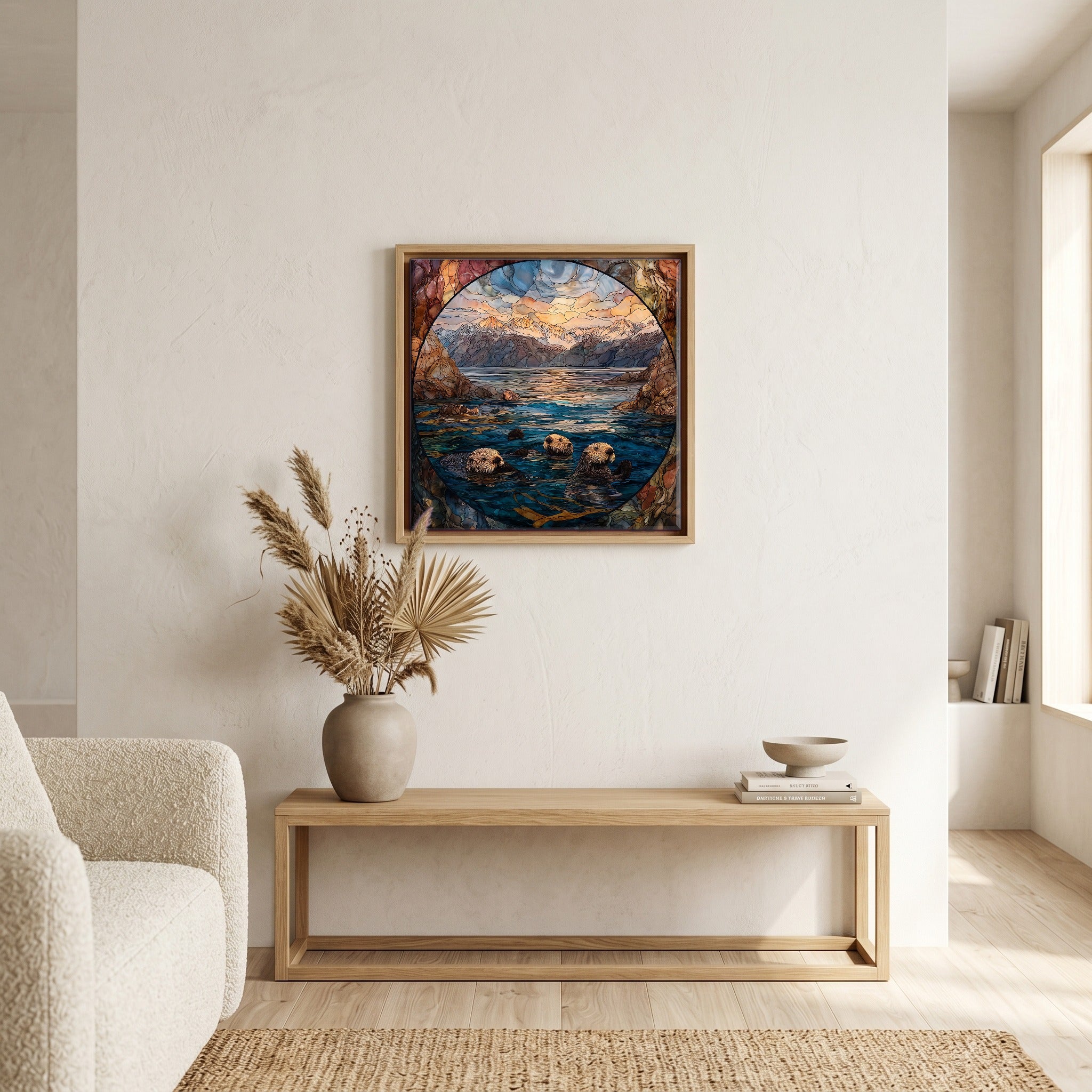 In the living room, above the sofa.