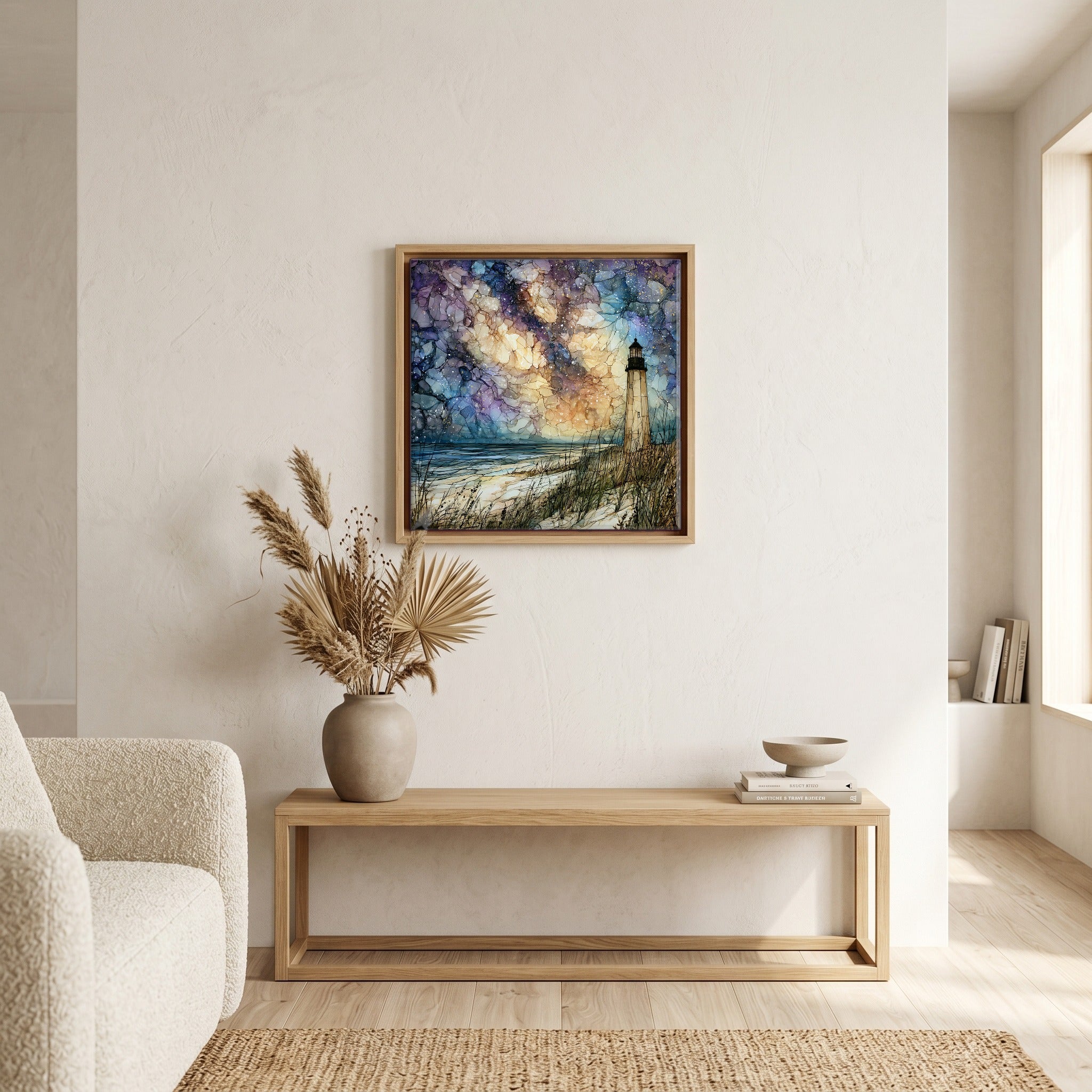 In the living room, above the sofa.
