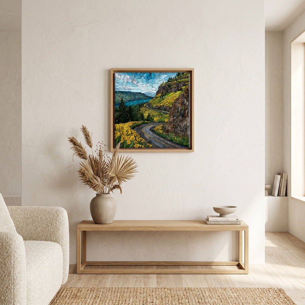 In the living room, above the sofa.