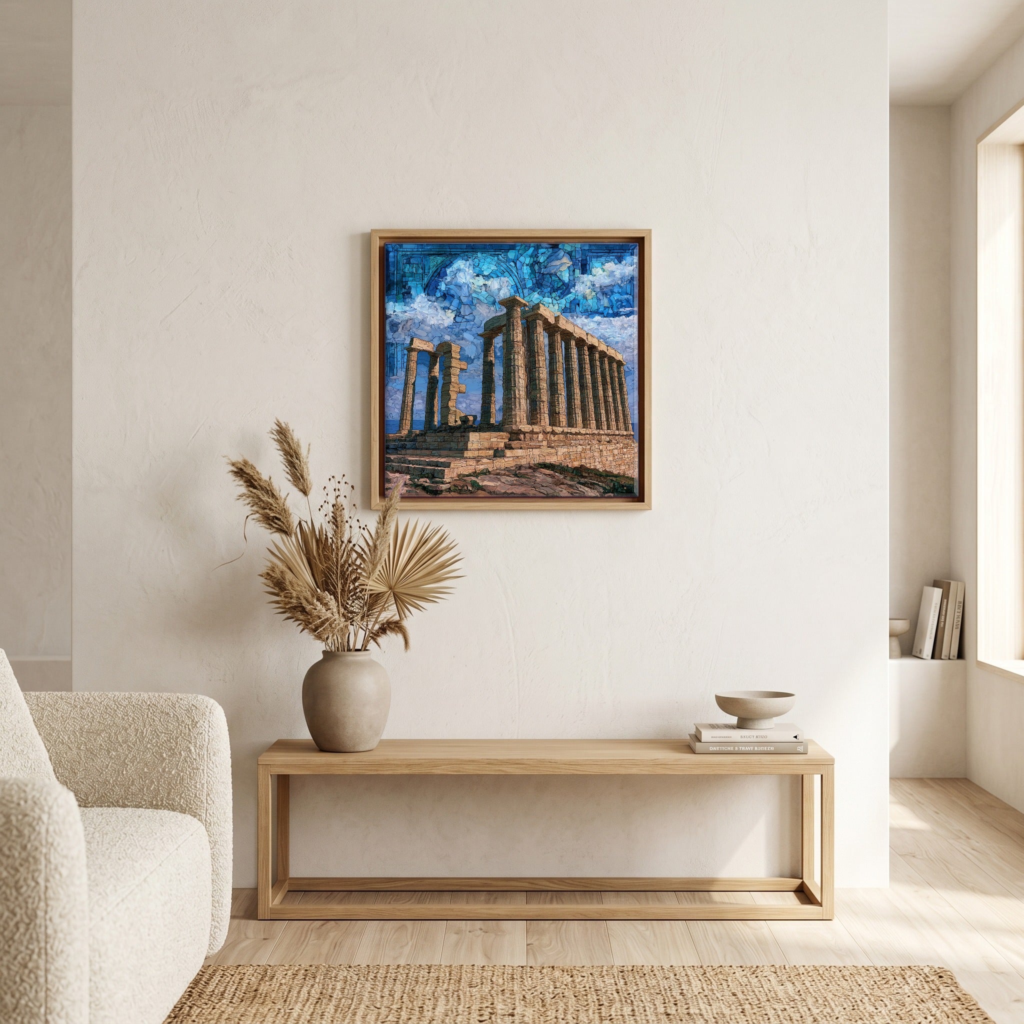 In the living room, above the sofa.