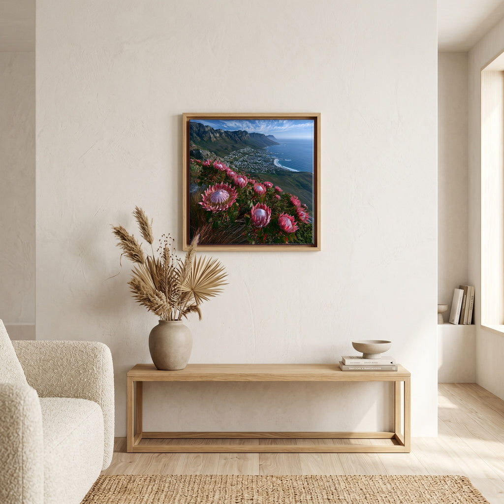 In the living room, above the sofa.