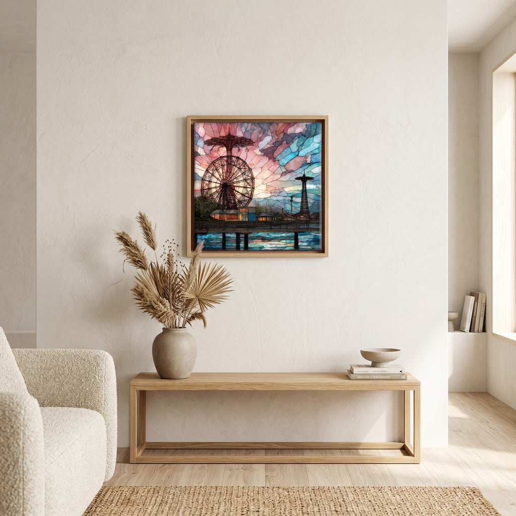 In the living room, above the sofa.