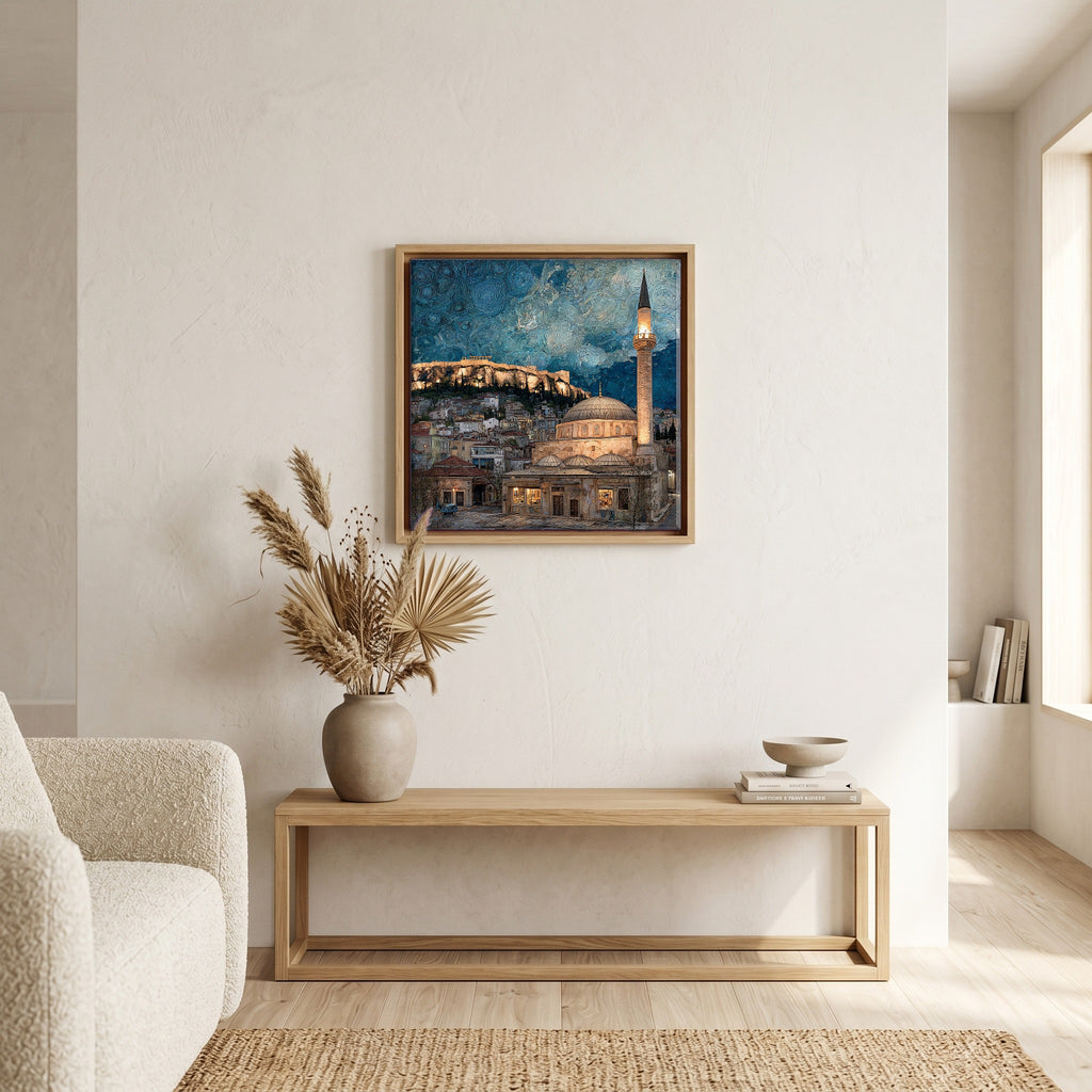 In the living room, above the sofa.
