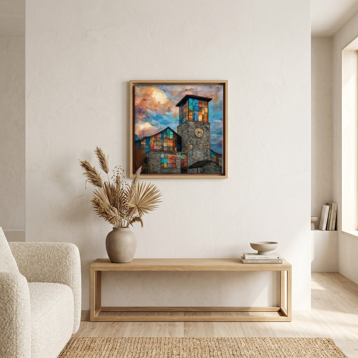 In the living room, above the sofa.