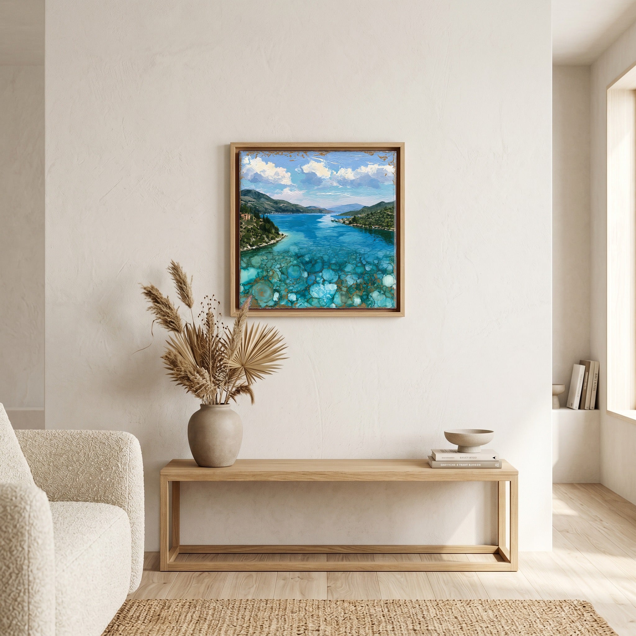 In the living room, above the sofa.