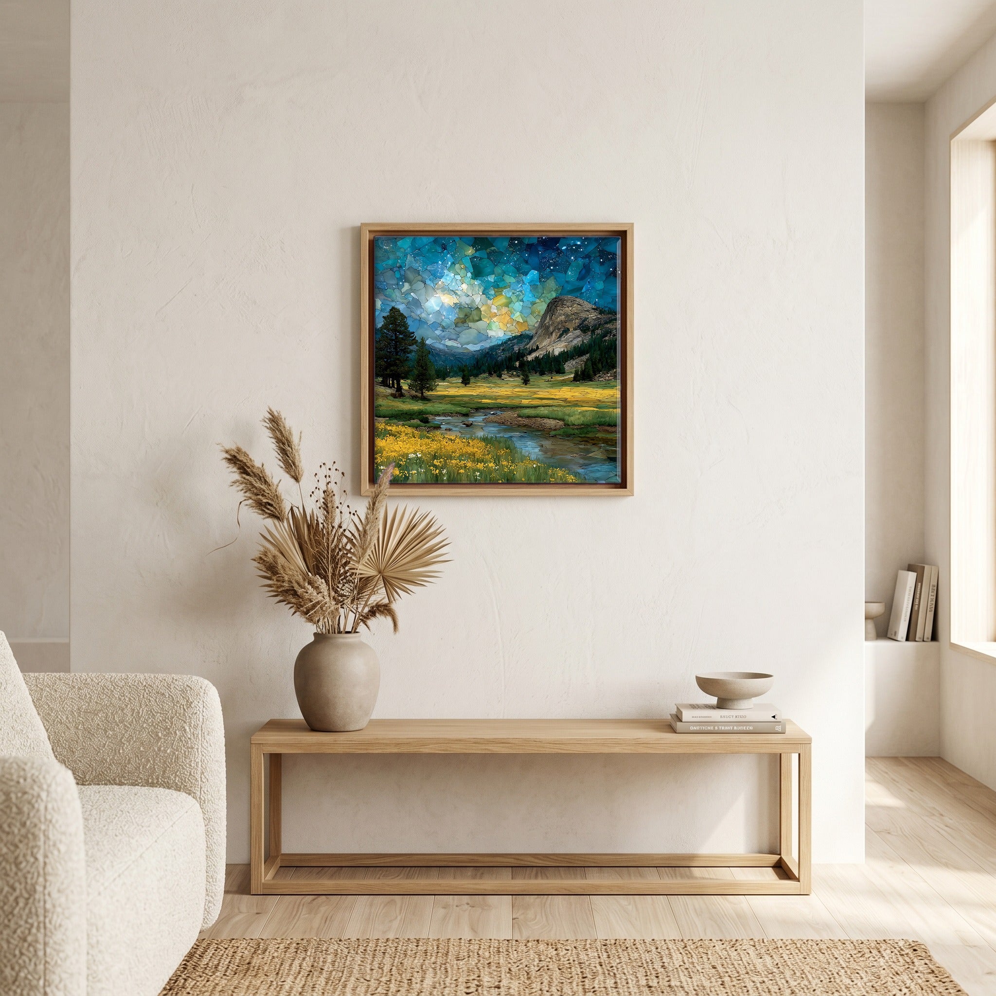 In the living room, above the sofa.