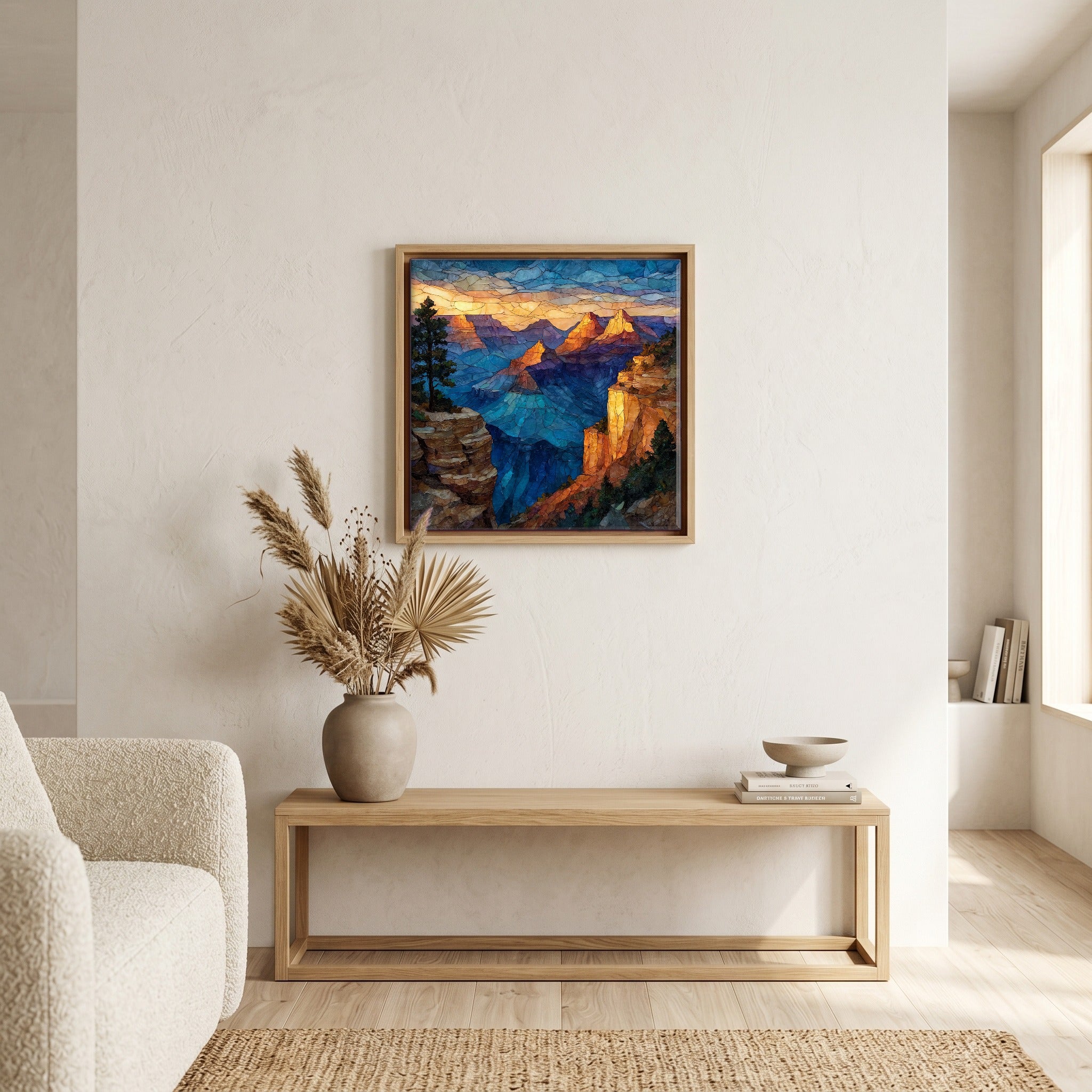 In the living room, above the sofa.
