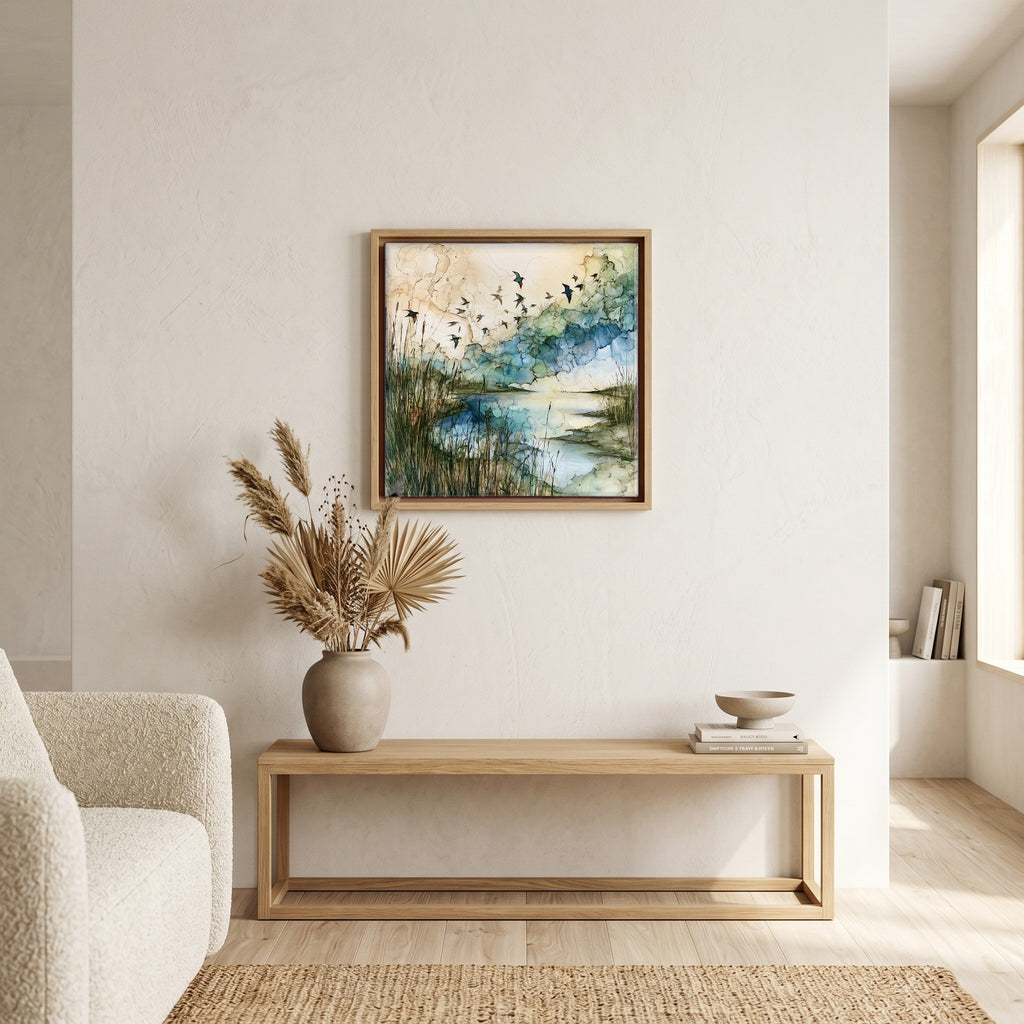 In the living room, above the sofa.