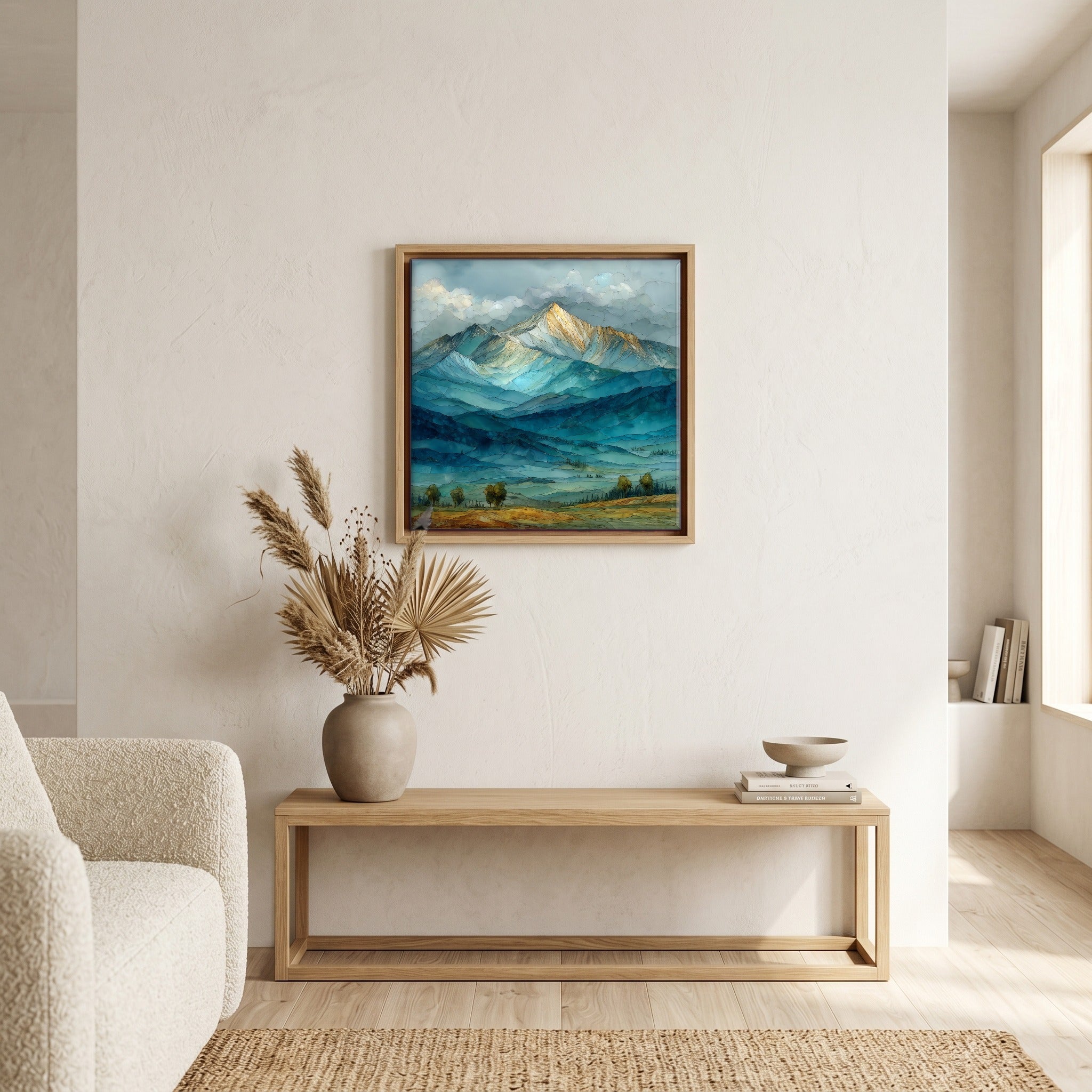In the living room, above the sofa.