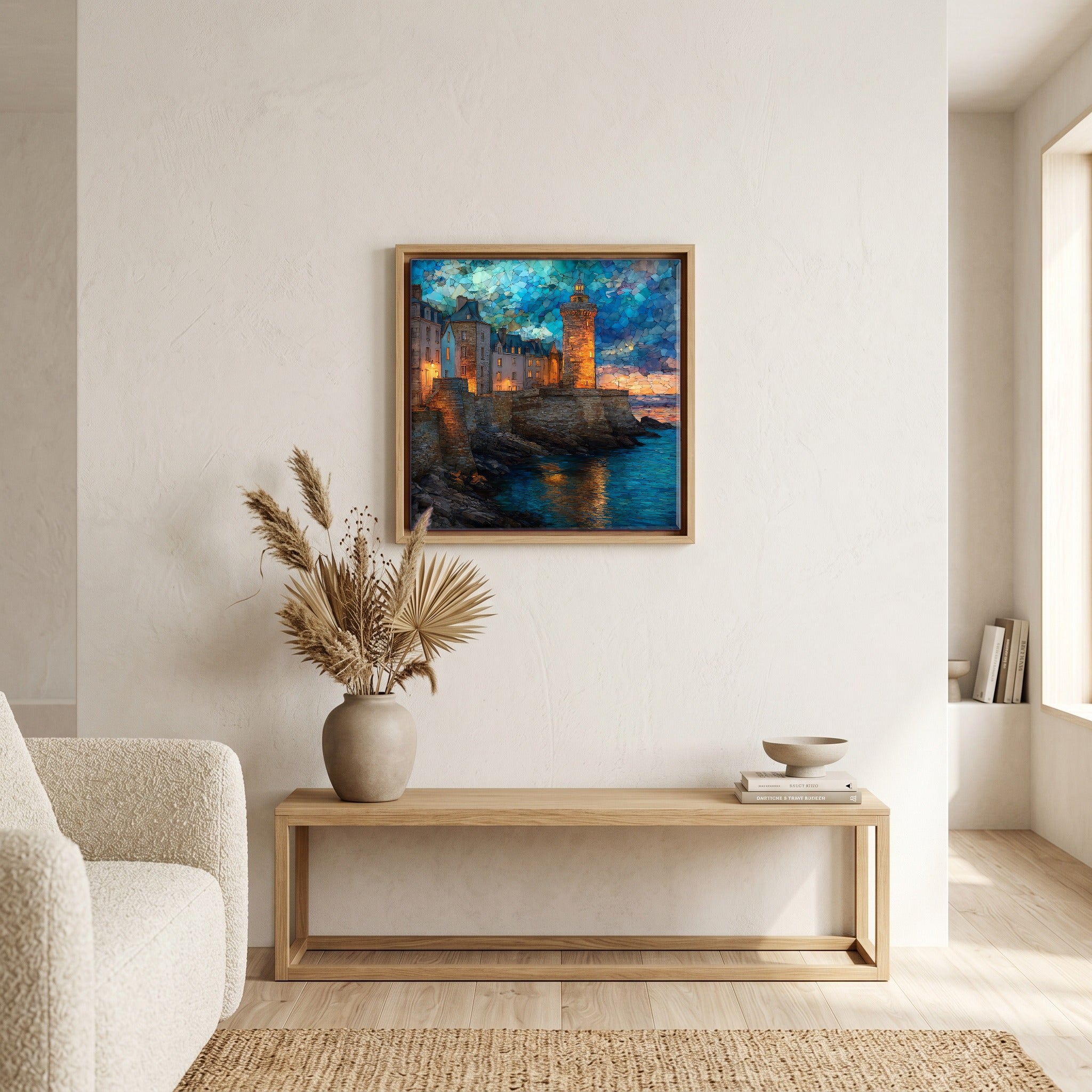 Above the bench, in a warm oak surround.
