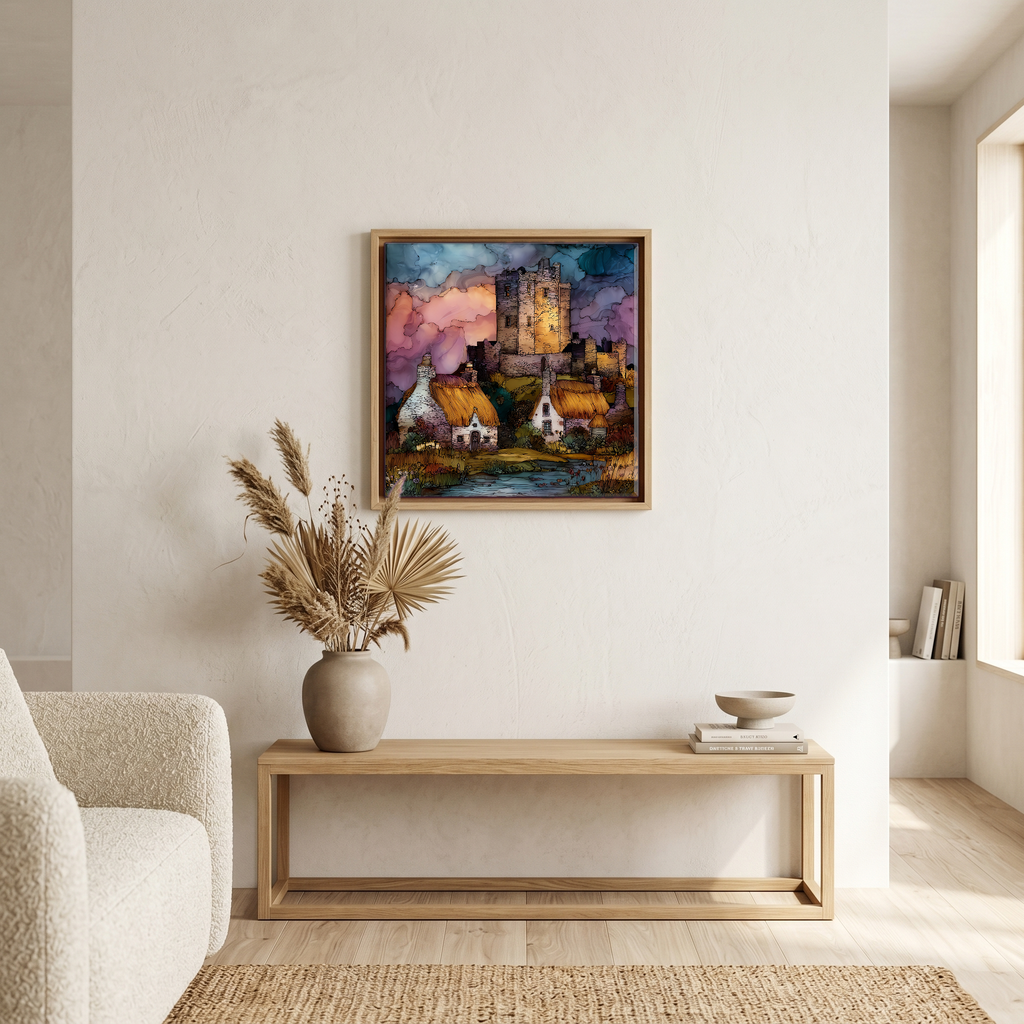Above the bench, in a warm oak surround.