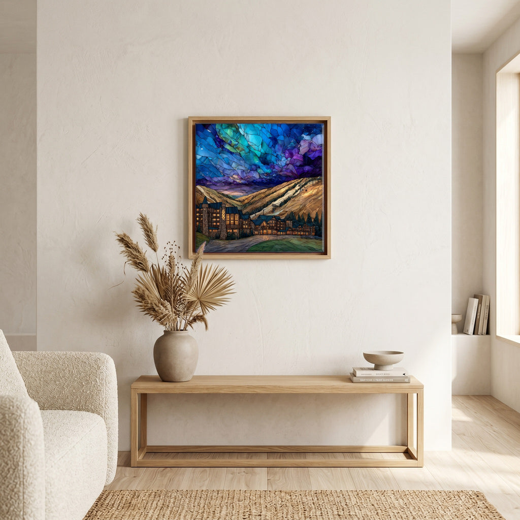 In the living room, above the sofa.
