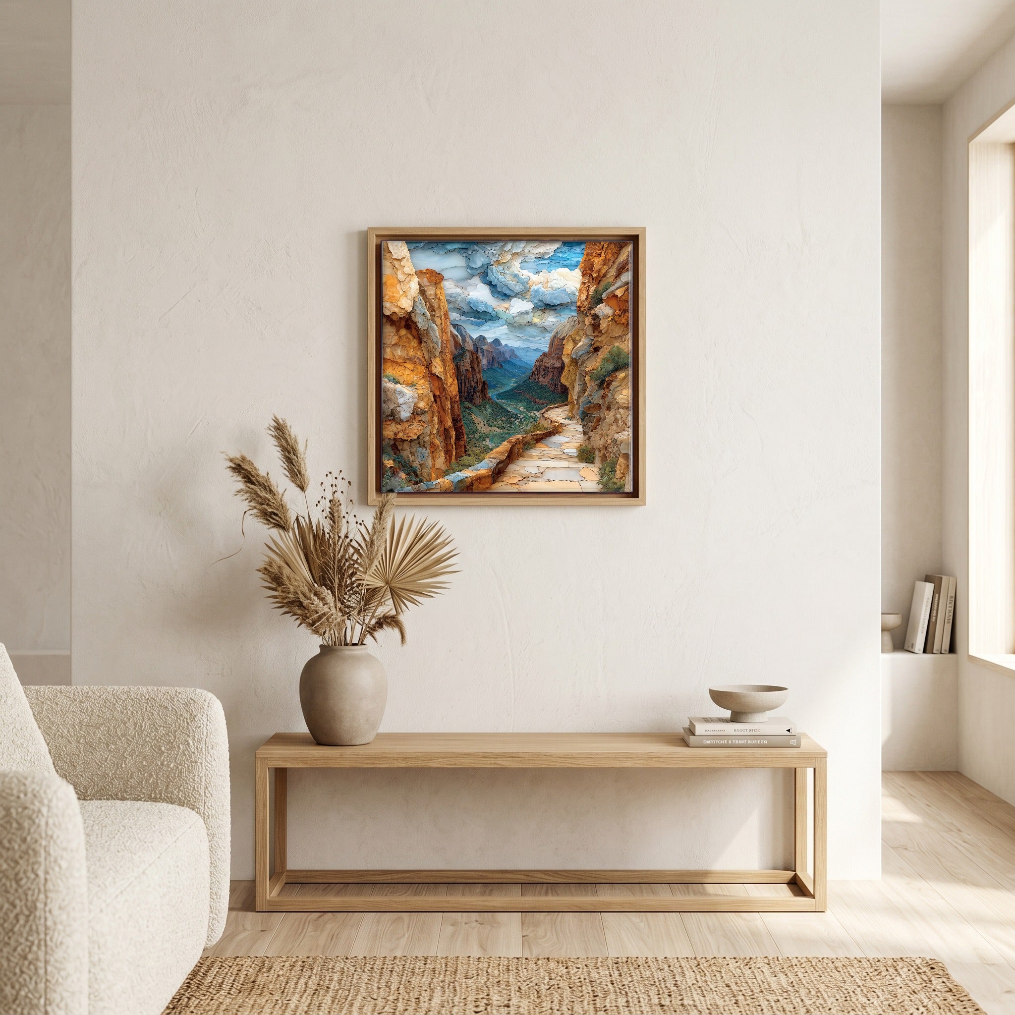 In the living room, above the sofa.
