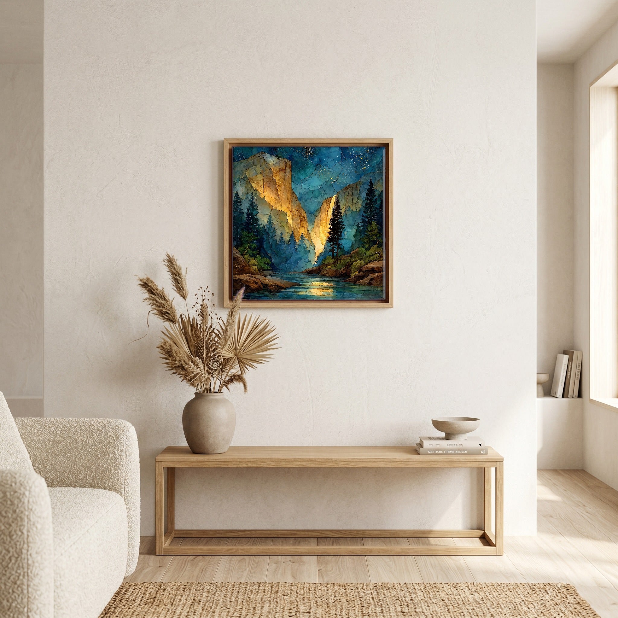 In the living room, above the sofa.
